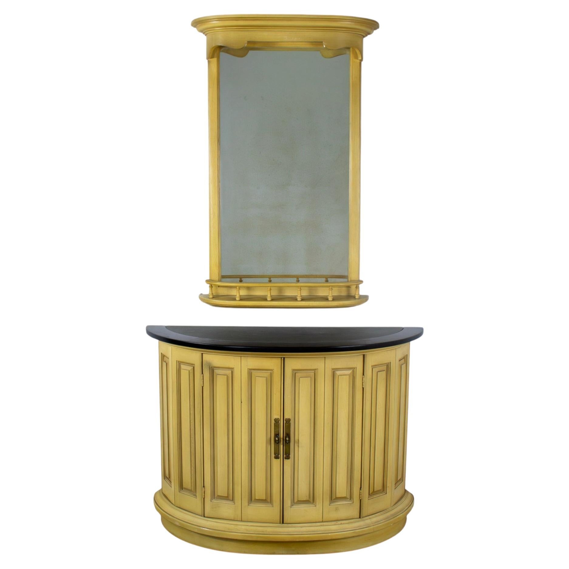 Vintage Neoclassic Revival Blonde Oak Demilune Cabinet or Console and Mirror For Sale