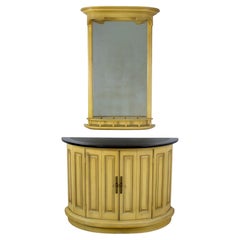 Vintage Neoclassic Revival Blonde Oak Demilune Cabinet or Console and Mirror