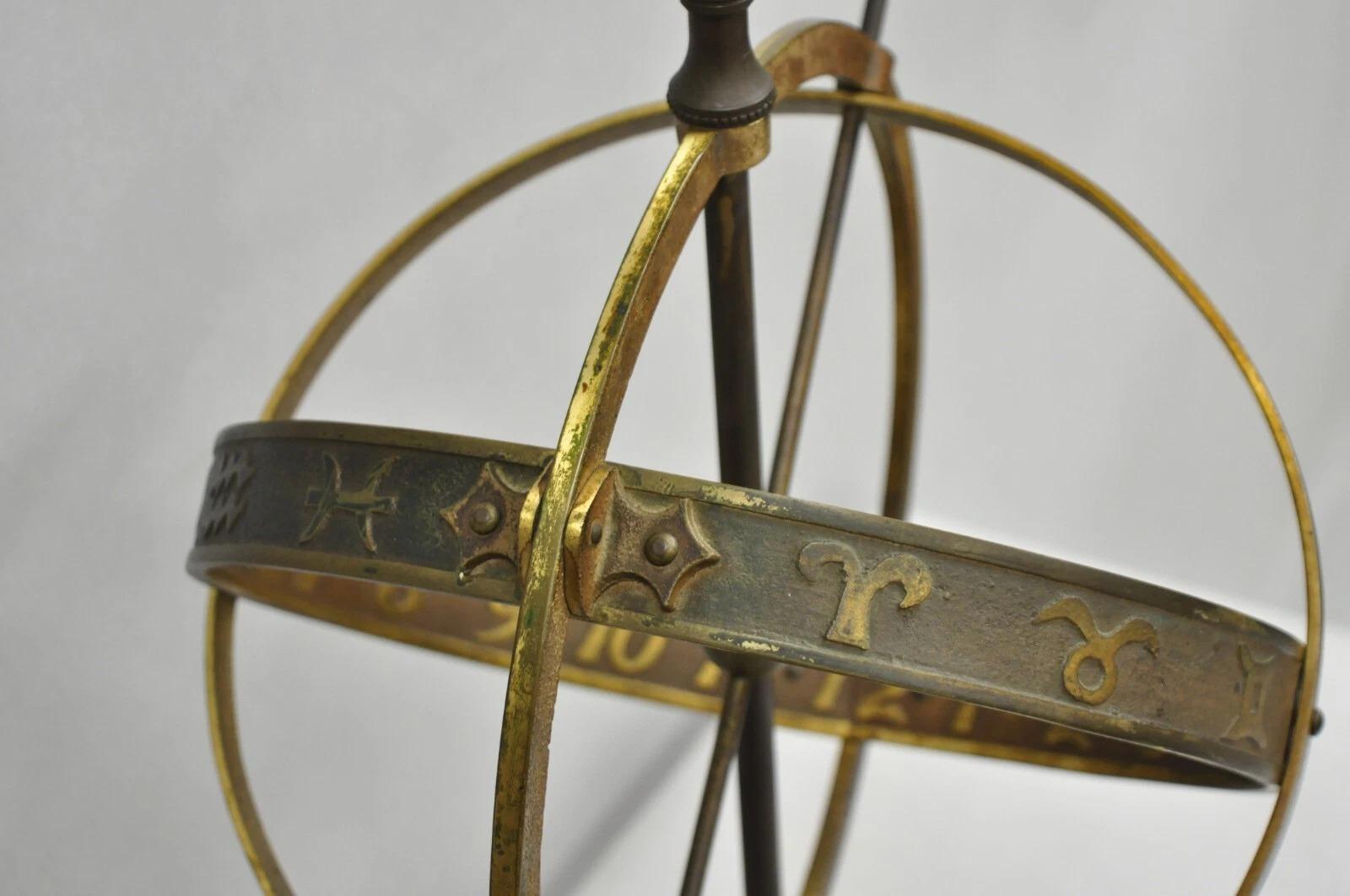 Vintage Neoclassical 3D Armillary Astrological Zodiac Bronze Patina Table Lamp For Sale 5
