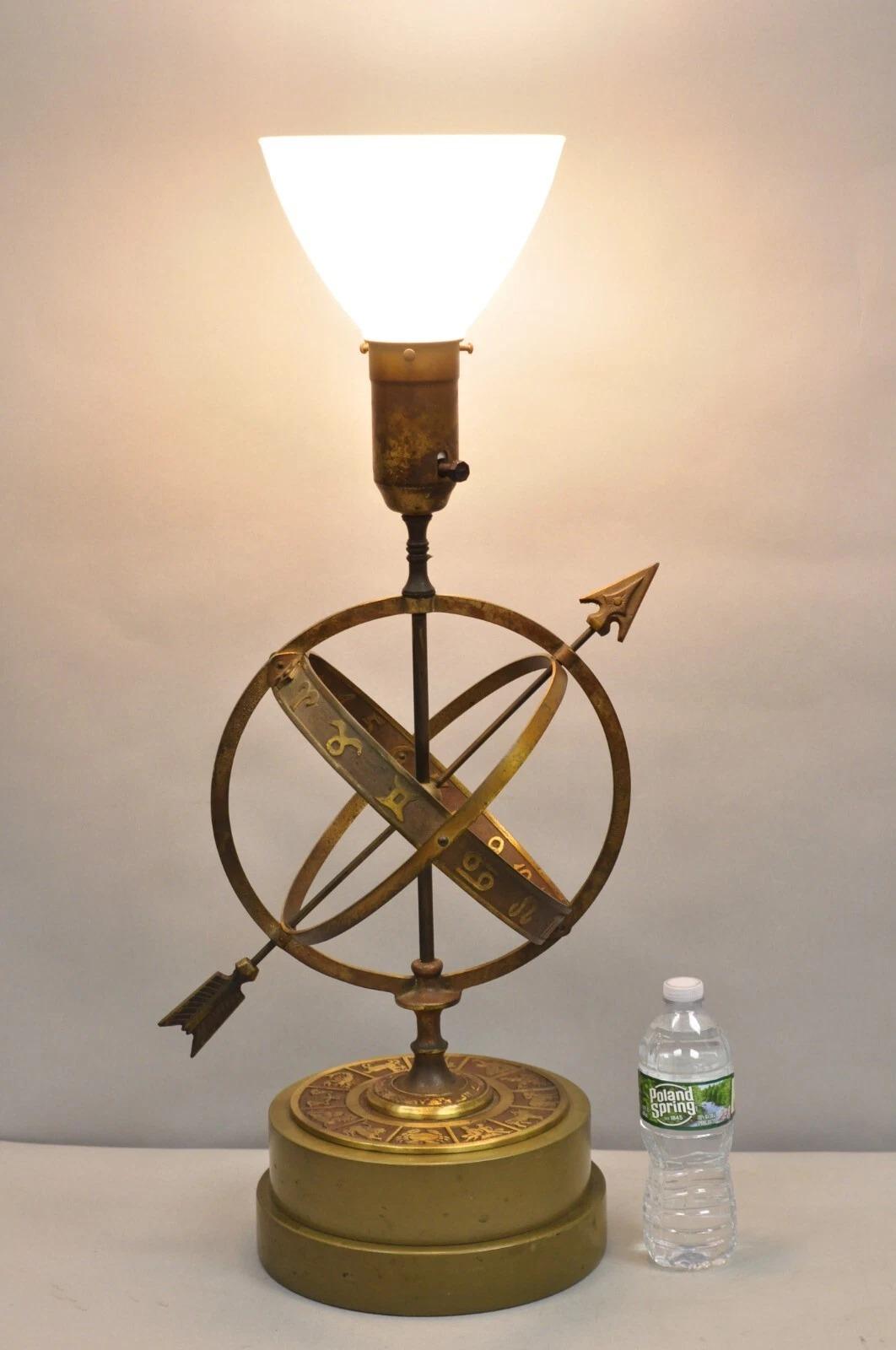 Vintage Neoclassical 3D Armillary Astrological Zodiac Bronze Patina Table Lamp For Sale 6