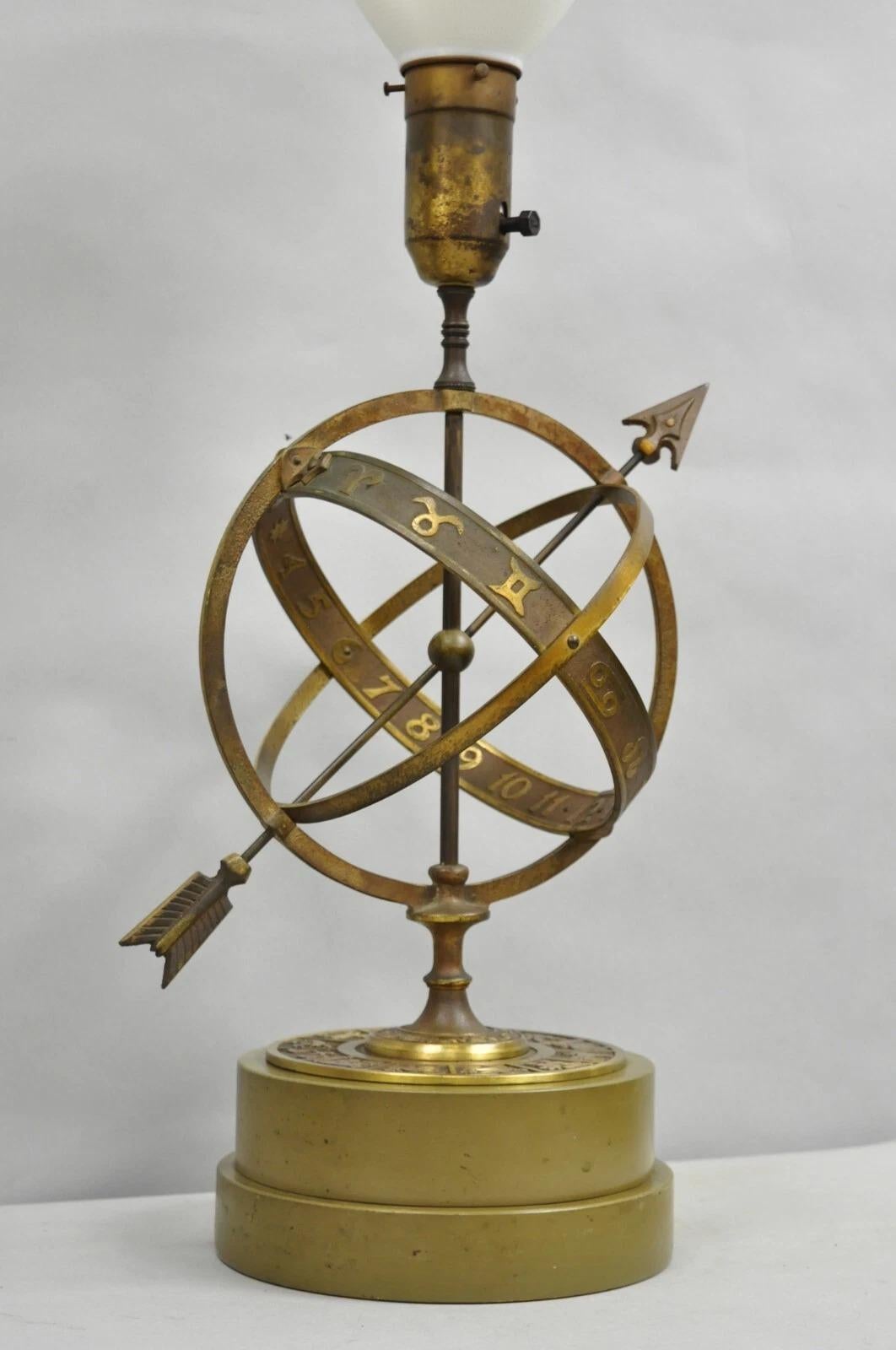 Vintage Neoclassical 3D Armillary Astrological Zodiac Bronze Patina Table Lamp In Good Condition For Sale In Philadelphia, PA