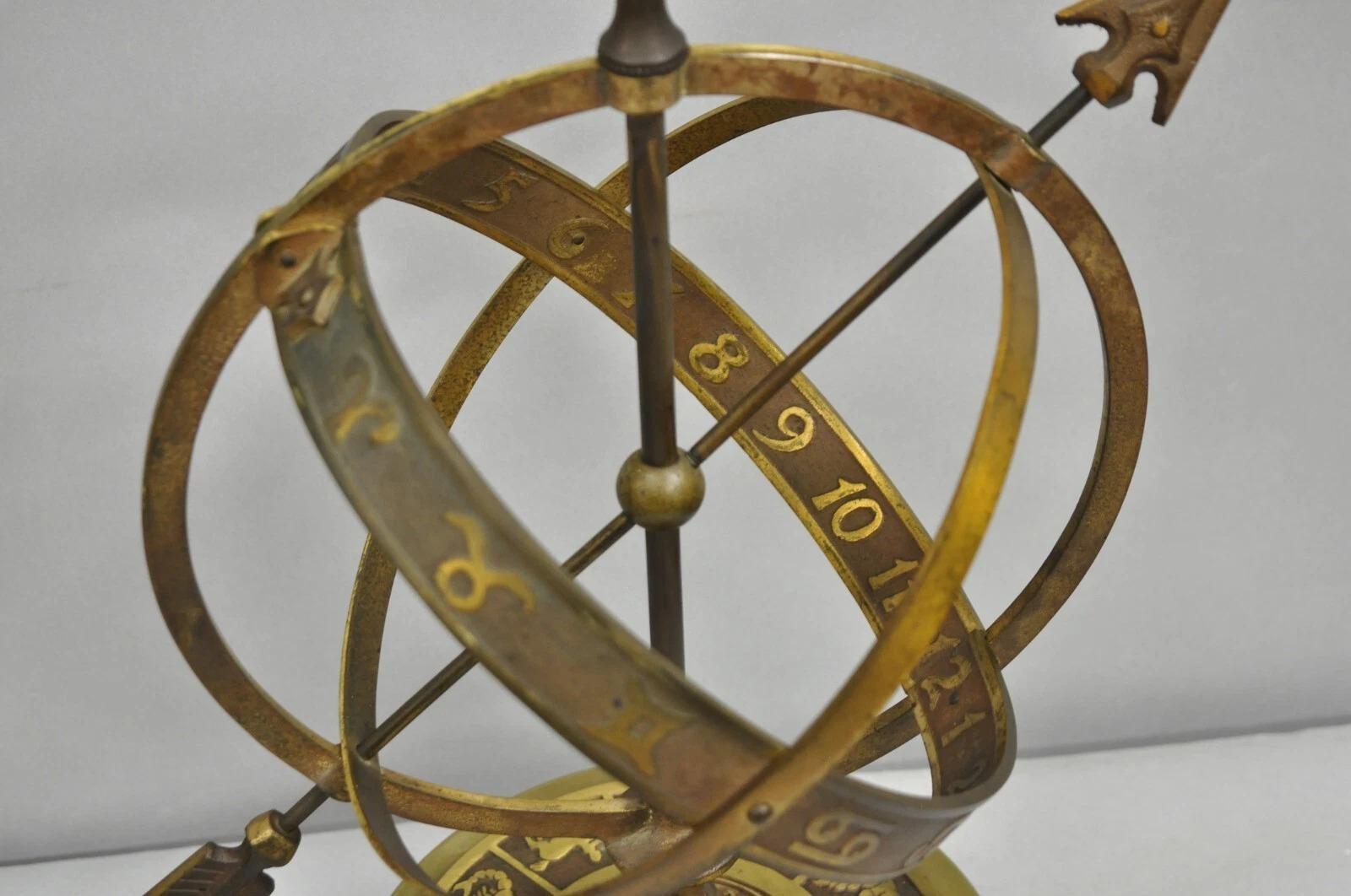 Vintage Neoclassical 3D Armillary Astrological Zodiac Bronze Patina Table Lamp For Sale 1