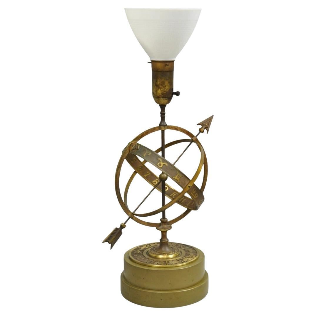 Vintage Neoclassical 3D Armillary Astrological Zodiac Bronze Patina Table Lamp For Sale