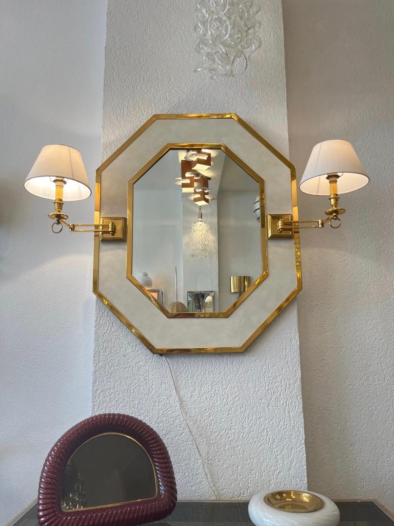 Vintage Neoclassical Brass & Leather Octagonal Wall Mirror with Sconces Ca. 1970 For Sale 6