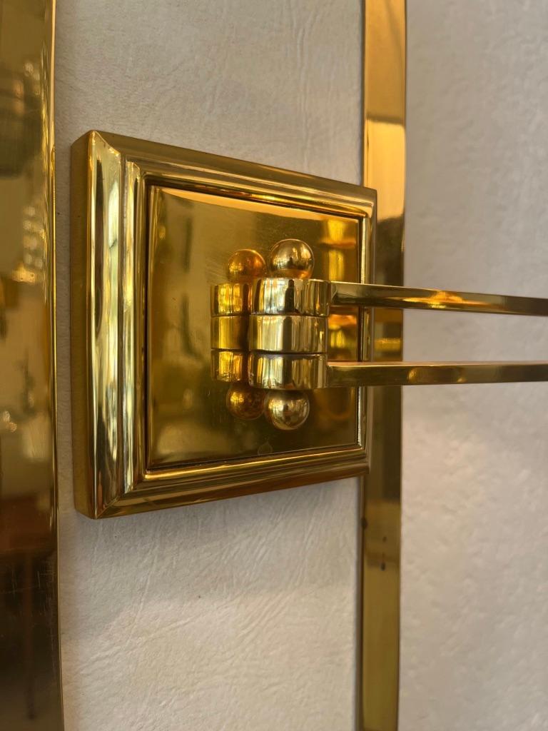 Vintage Neoclassical Brass & Leather Octagonal Wall Mirror with Sconces Ca. 1970 For Sale 9