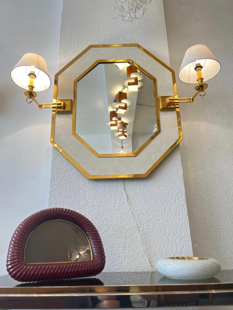 Late 20th Century Vintage Neoclassical Brass & Leather Octagonal Wall Mirror with Sconces Ca. 1970 For Sale