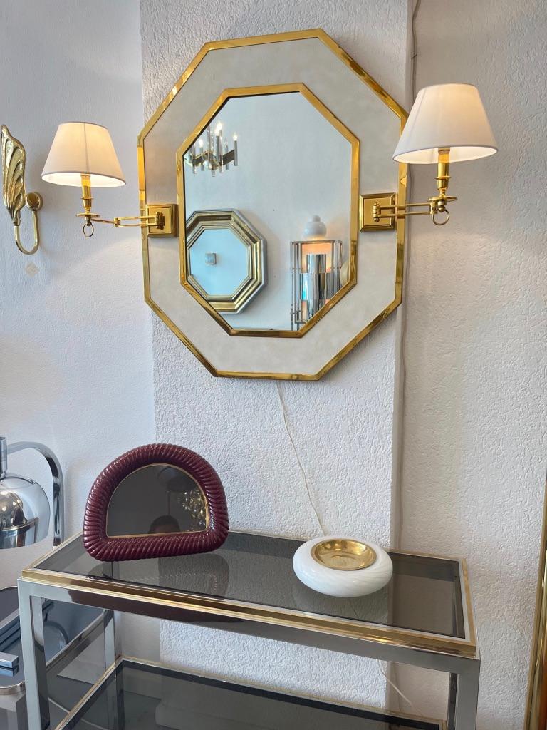 Vintage Neoclassical Brass & Leather Octagonal Wall Mirror with Sconces Ca. 1970 For Sale 1