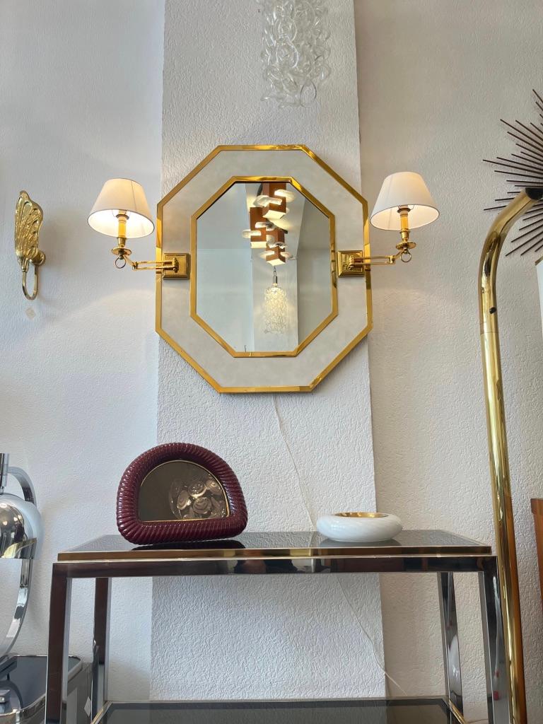 Vintage Neoclassical Brass & Leather Octagonal Wall Mirror with Sconces Ca. 1970 For Sale 2