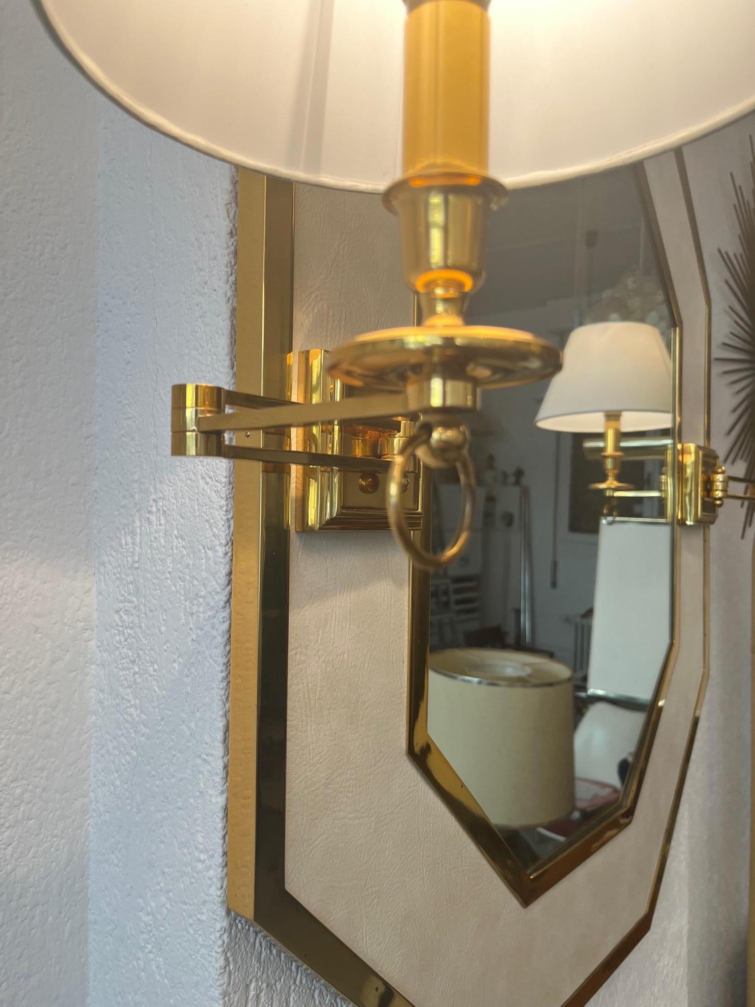 Vintage Neoclassical Brass & Leather Octagonal Wall Mirror with Sconces Ca. 1970 For Sale 3