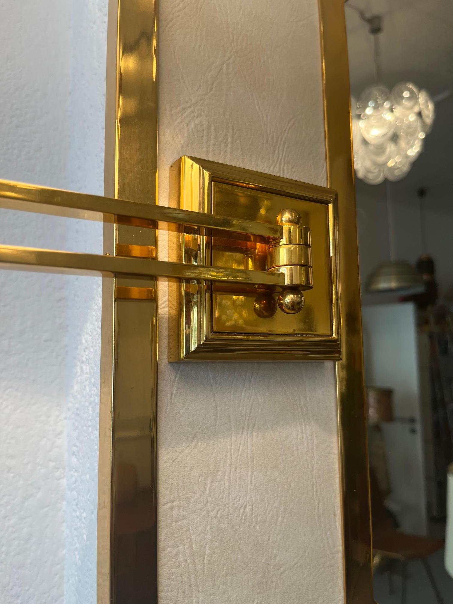 Vintage Neoclassical Brass & Leather Octagonal Wall Mirror with Sconces Ca. 1970 For Sale 4