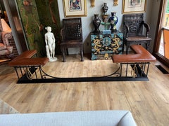 Vintage Neoclassical Brown Leather, Iron and Brass Fire Surround Fender Bench
