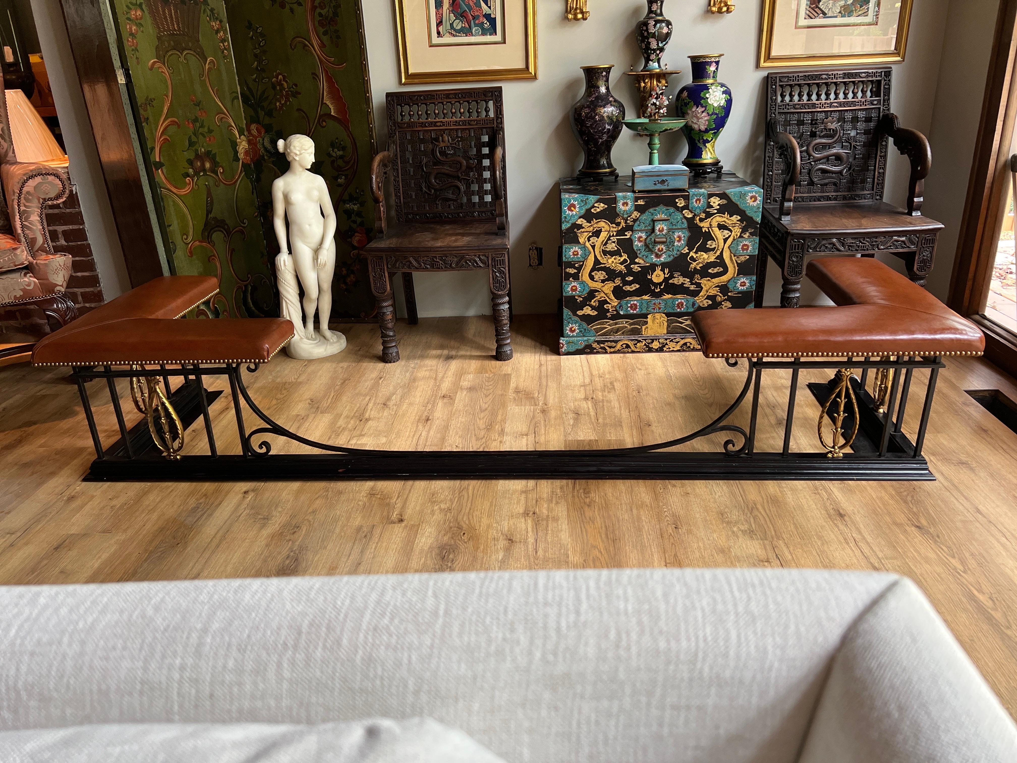 Georgian Vintage Neoclassical Brown Leather, Iron and Brass Fire Surround Fender Bench