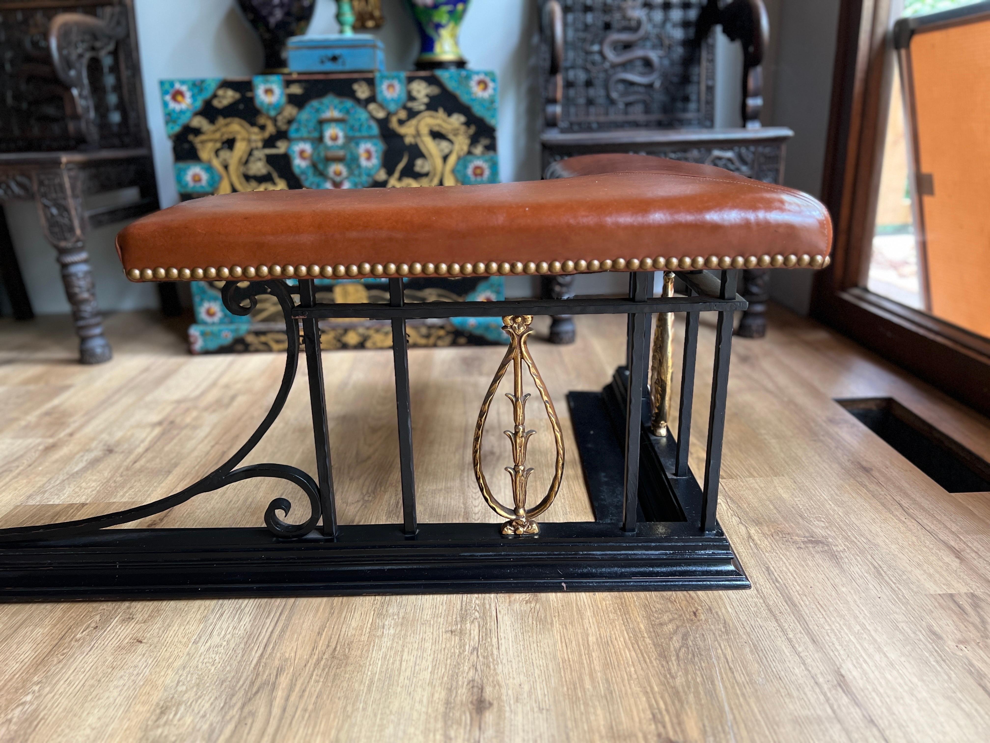 British Vintage Neoclassical Brown Leather, Iron and Brass Fire Surround Fender Bench
