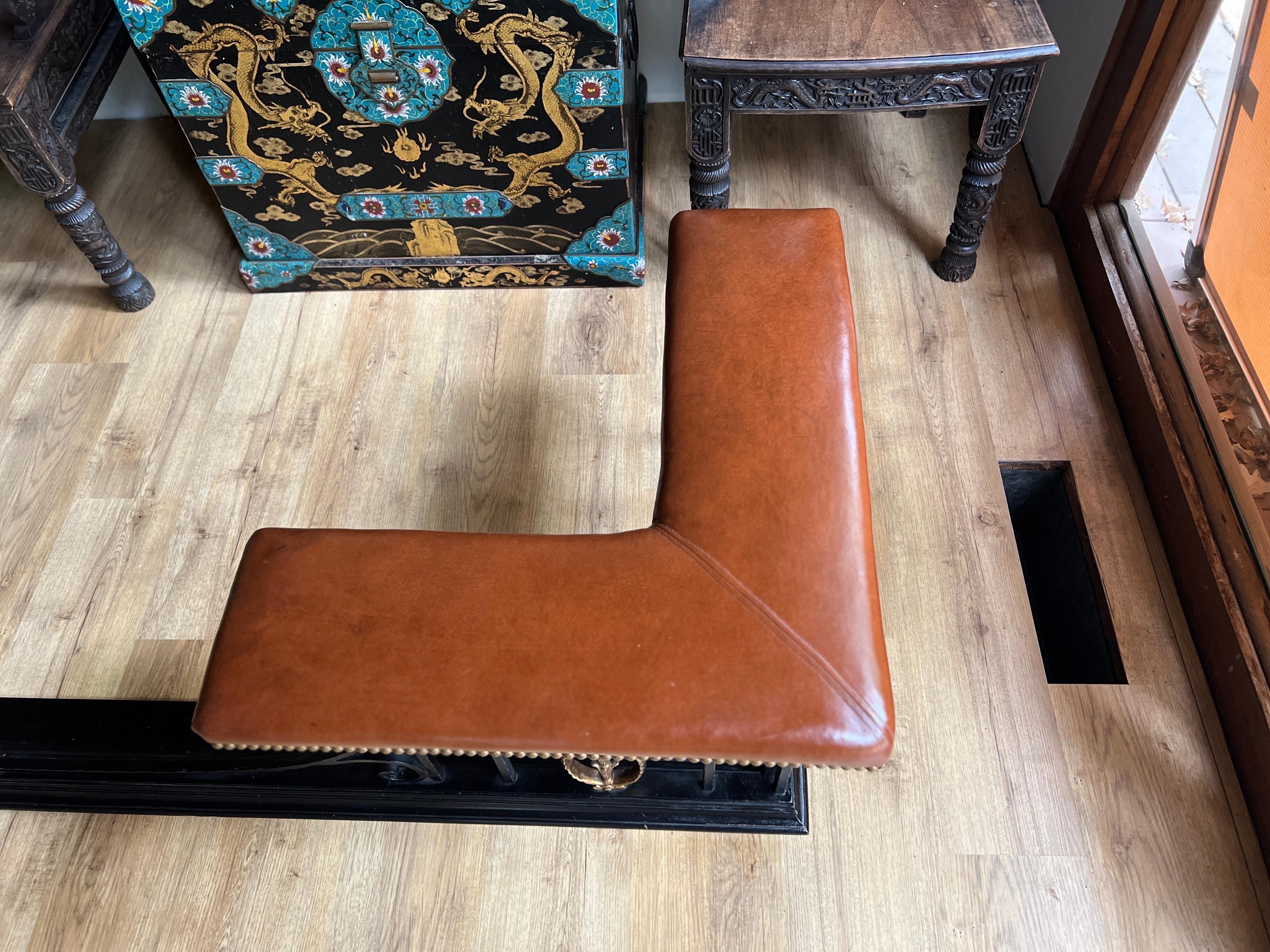 Vintage Neoclassical Brown Leather, Iron and Brass Fire Surround Fender Bench In Good Condition In Atlanta, GA