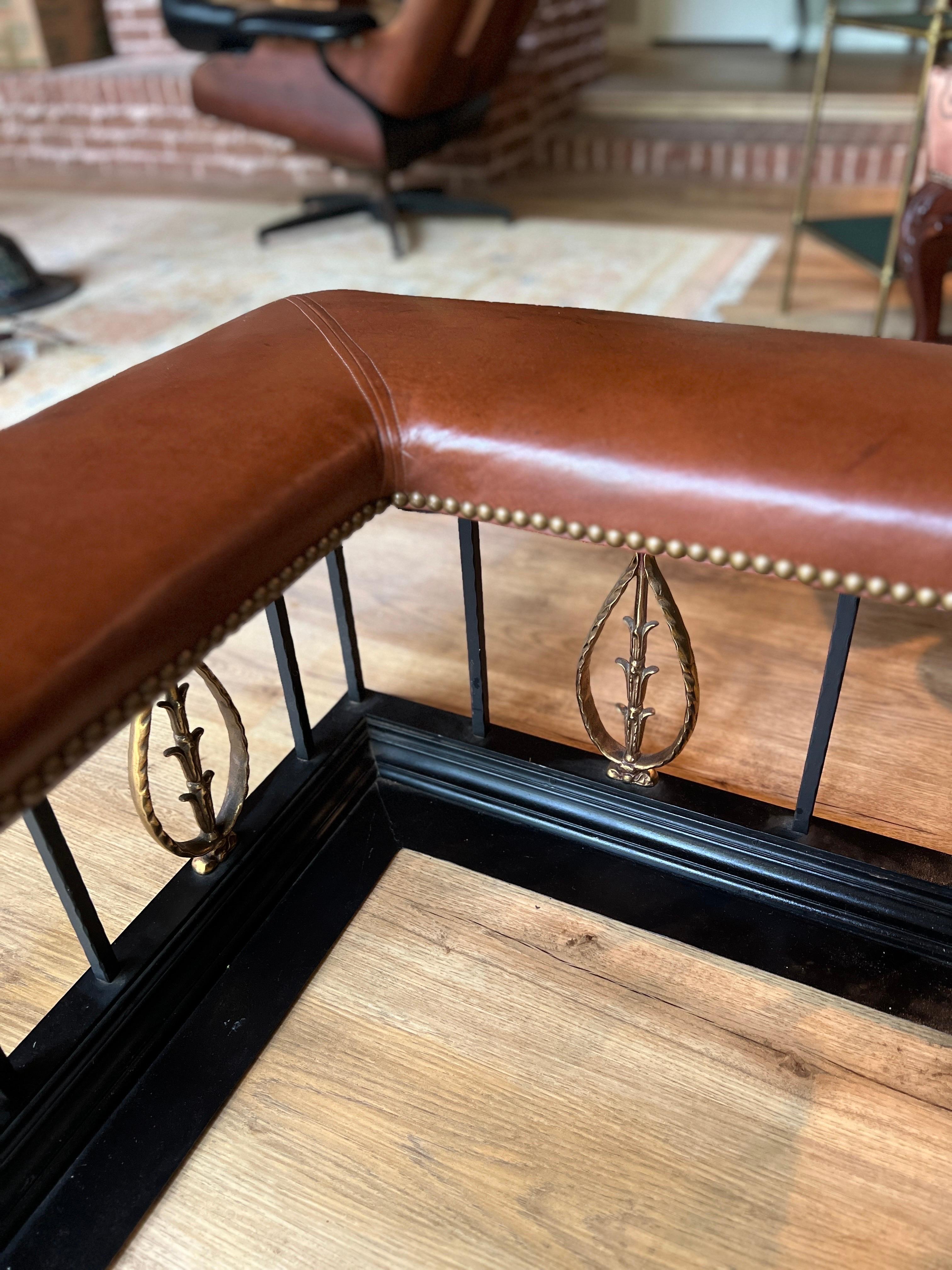 Vintage Neoclassical Brown Leather, Iron and Brass Fire Surround Fender Bench 1