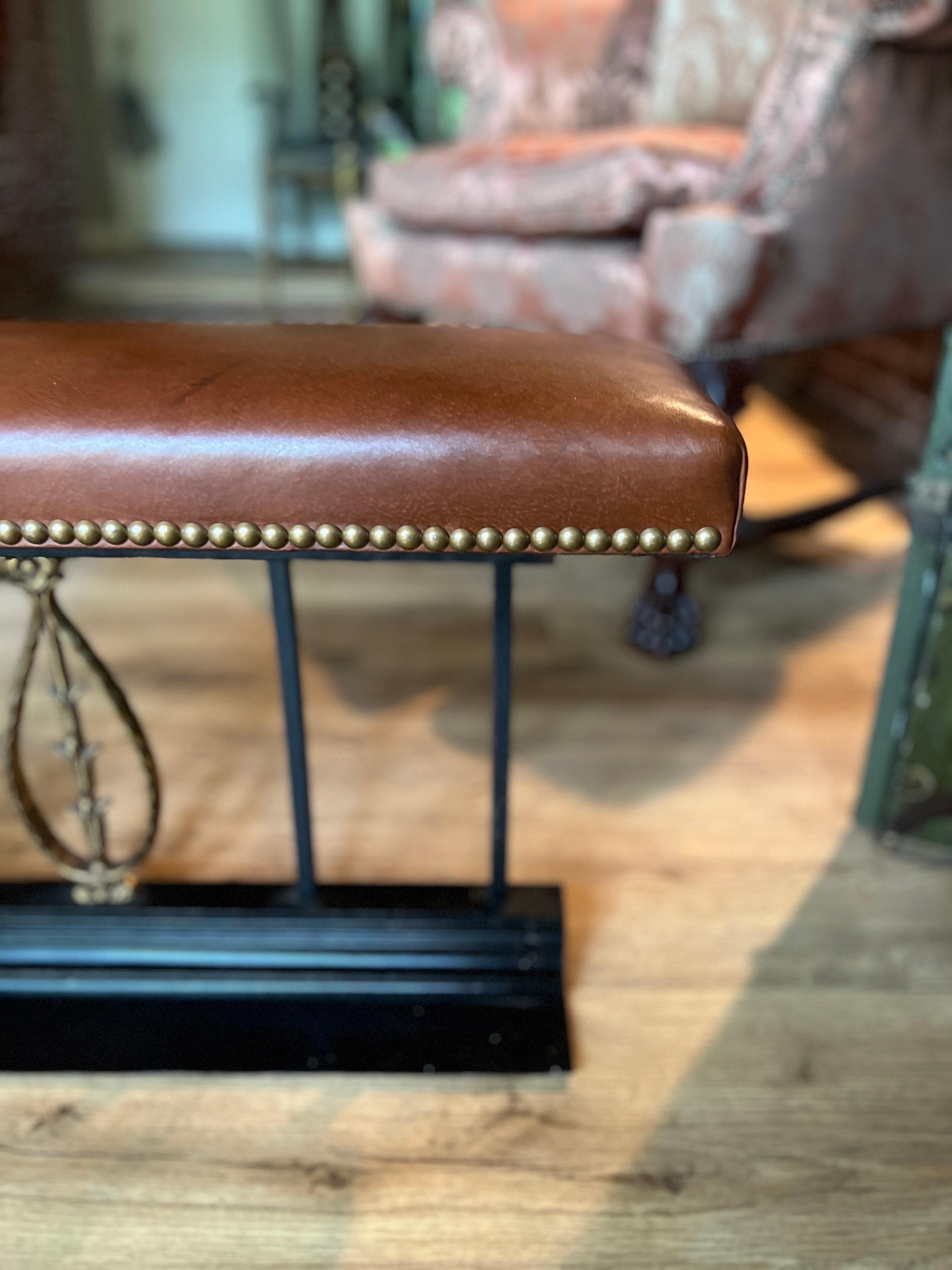 Vintage Neoclassical Brown Leather, Iron and Brass Fire Surround Fender Bench 1