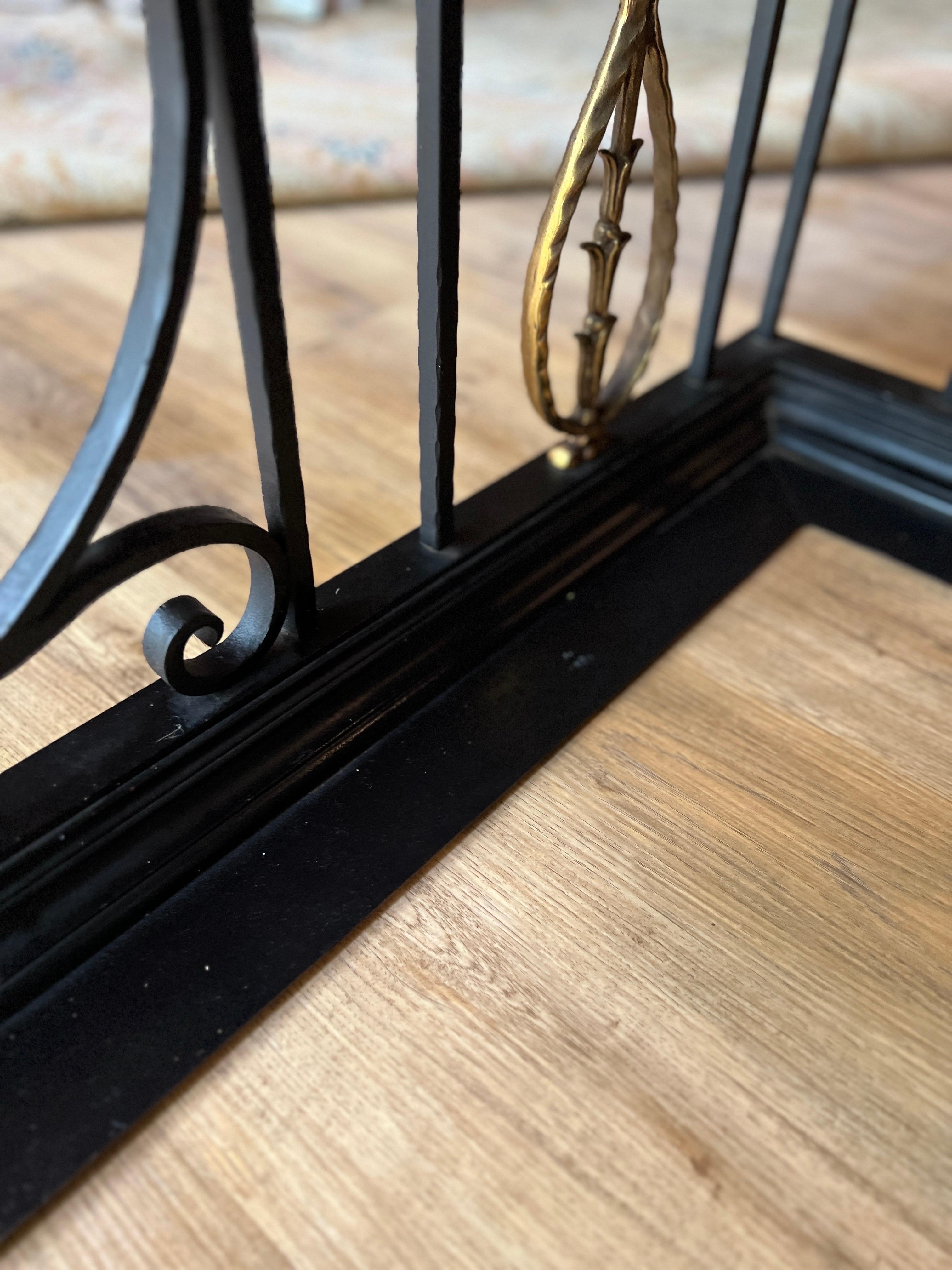 Vintage Neoclassical Brown Leather, Iron and Brass Fire Surround Fender Bench 2