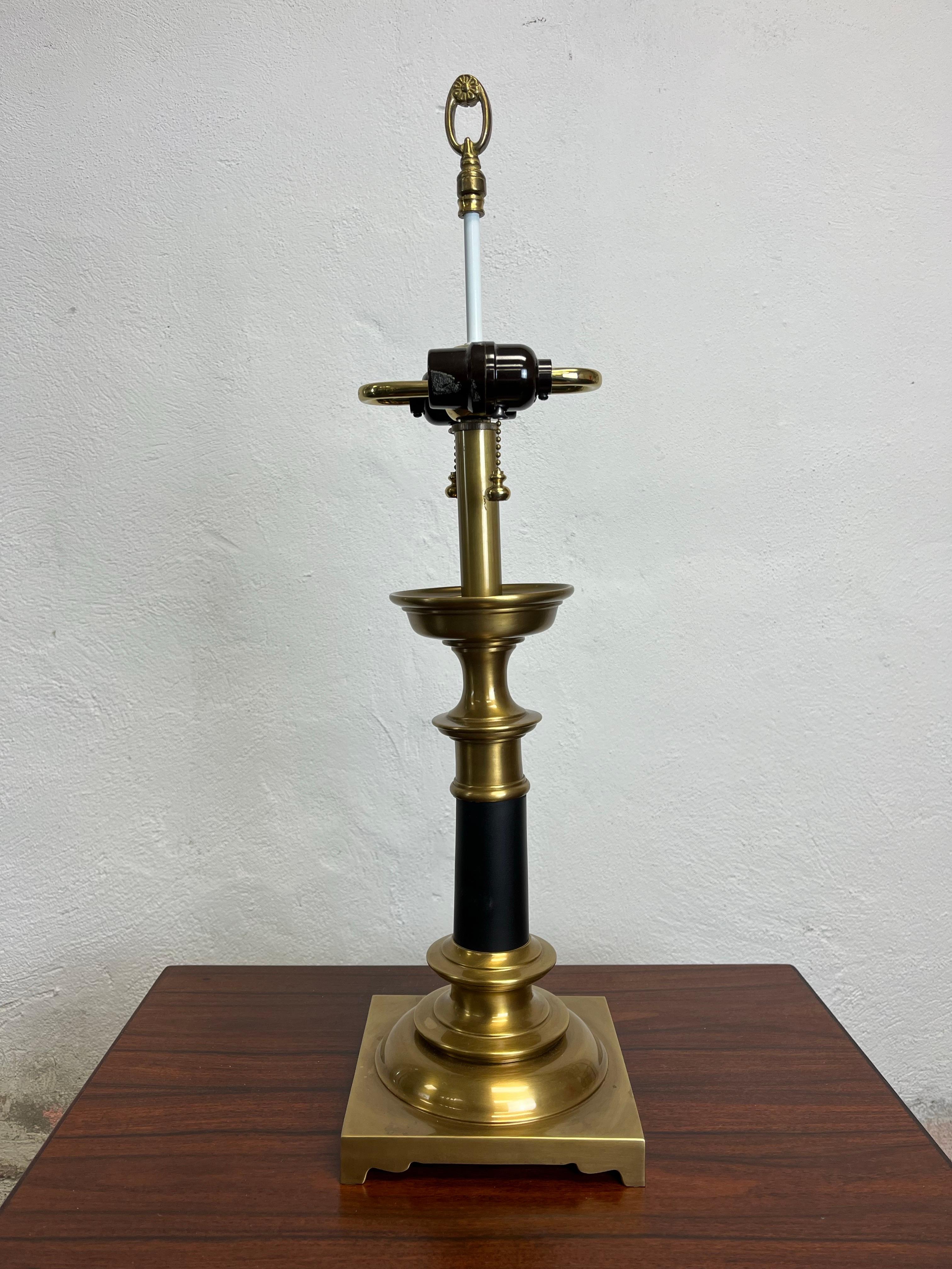 Beautiful classic candlestick lamp. Neoclassical black column style and quite heavy. 