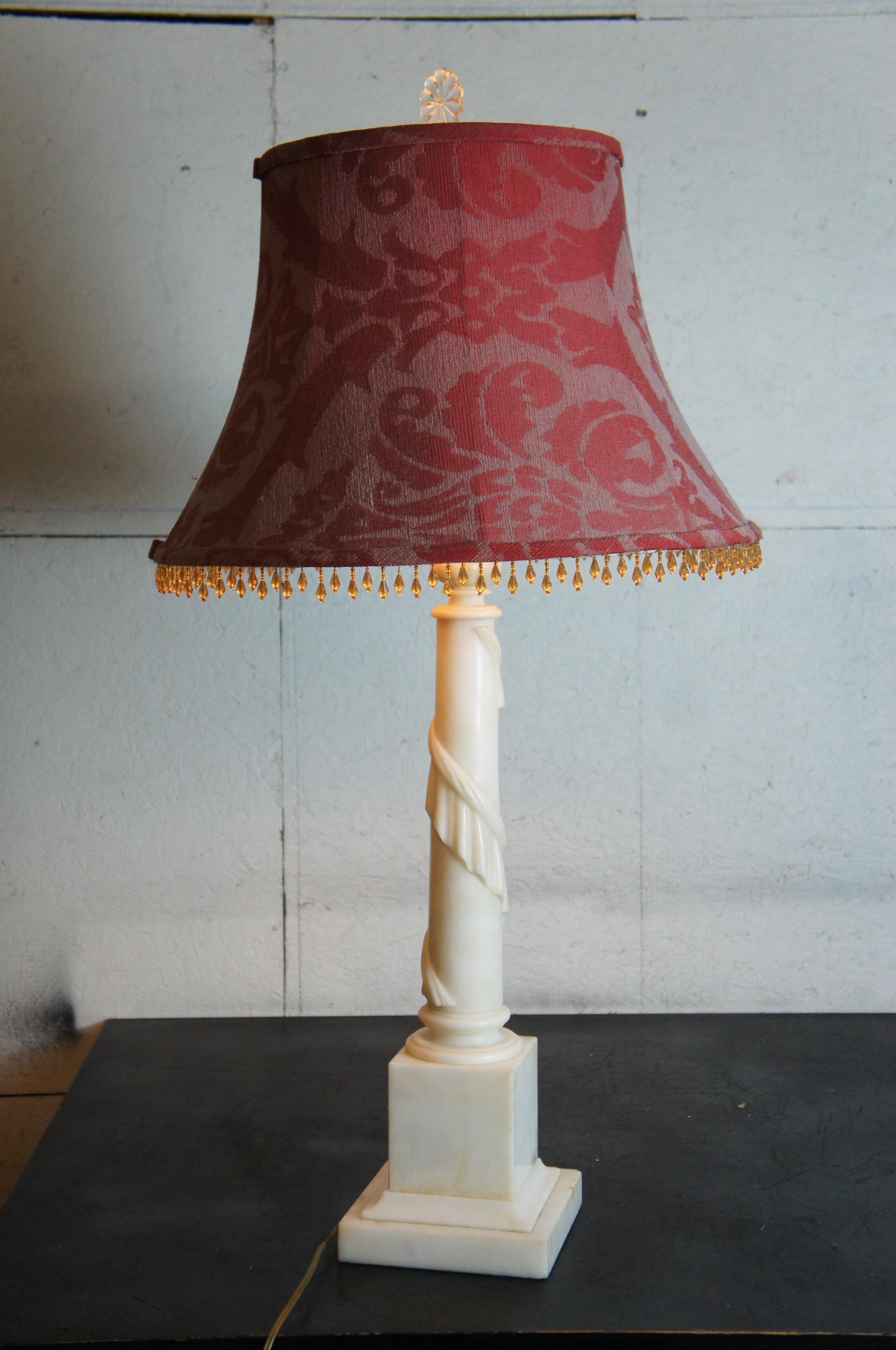Vintage Neoclassical Carved White Marble Alabaster Column Table Lamp 38