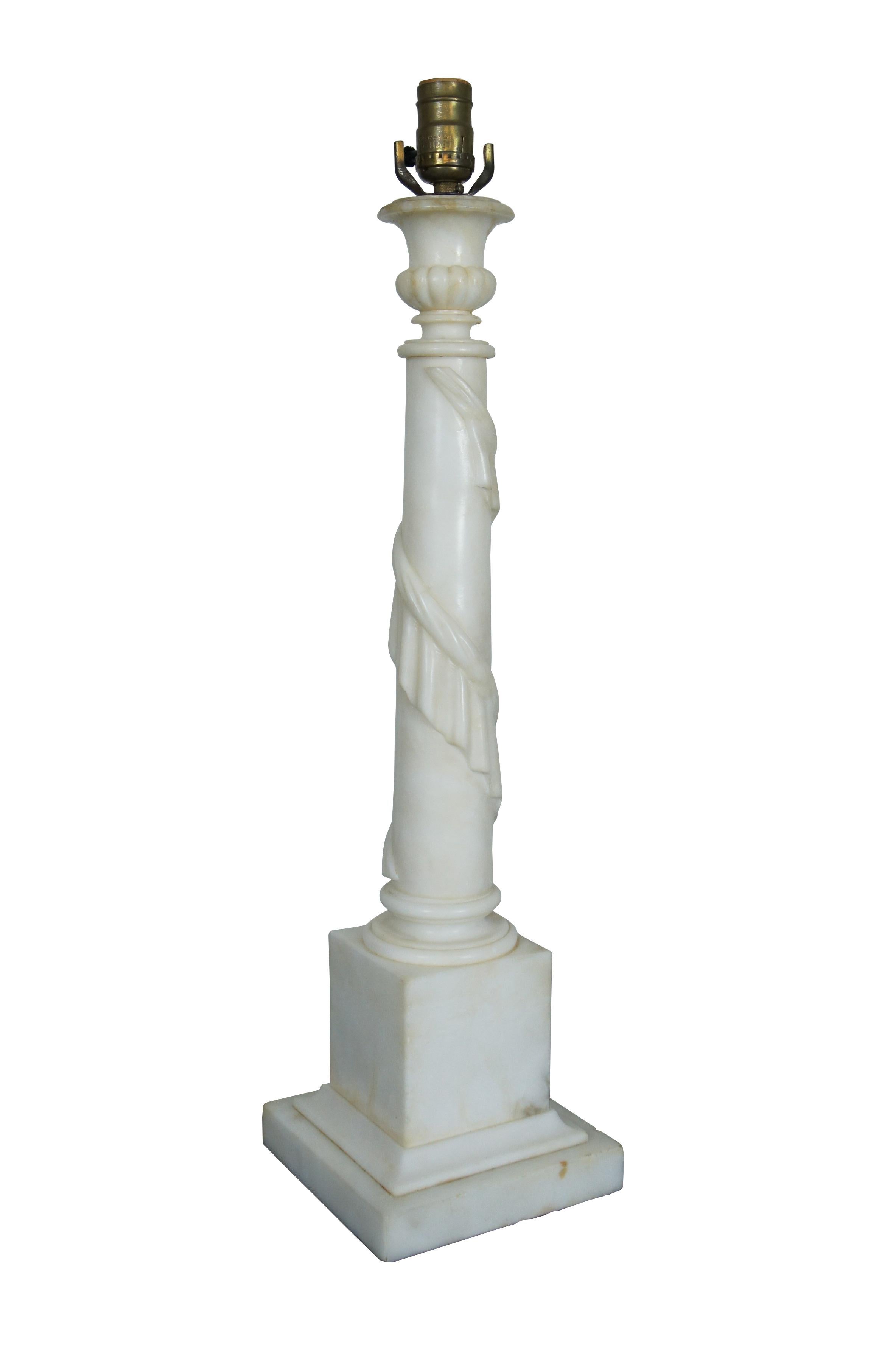 Néoclassique Vintage Neoclassical Carved White Marble Alabaster Column Table Lamp 38