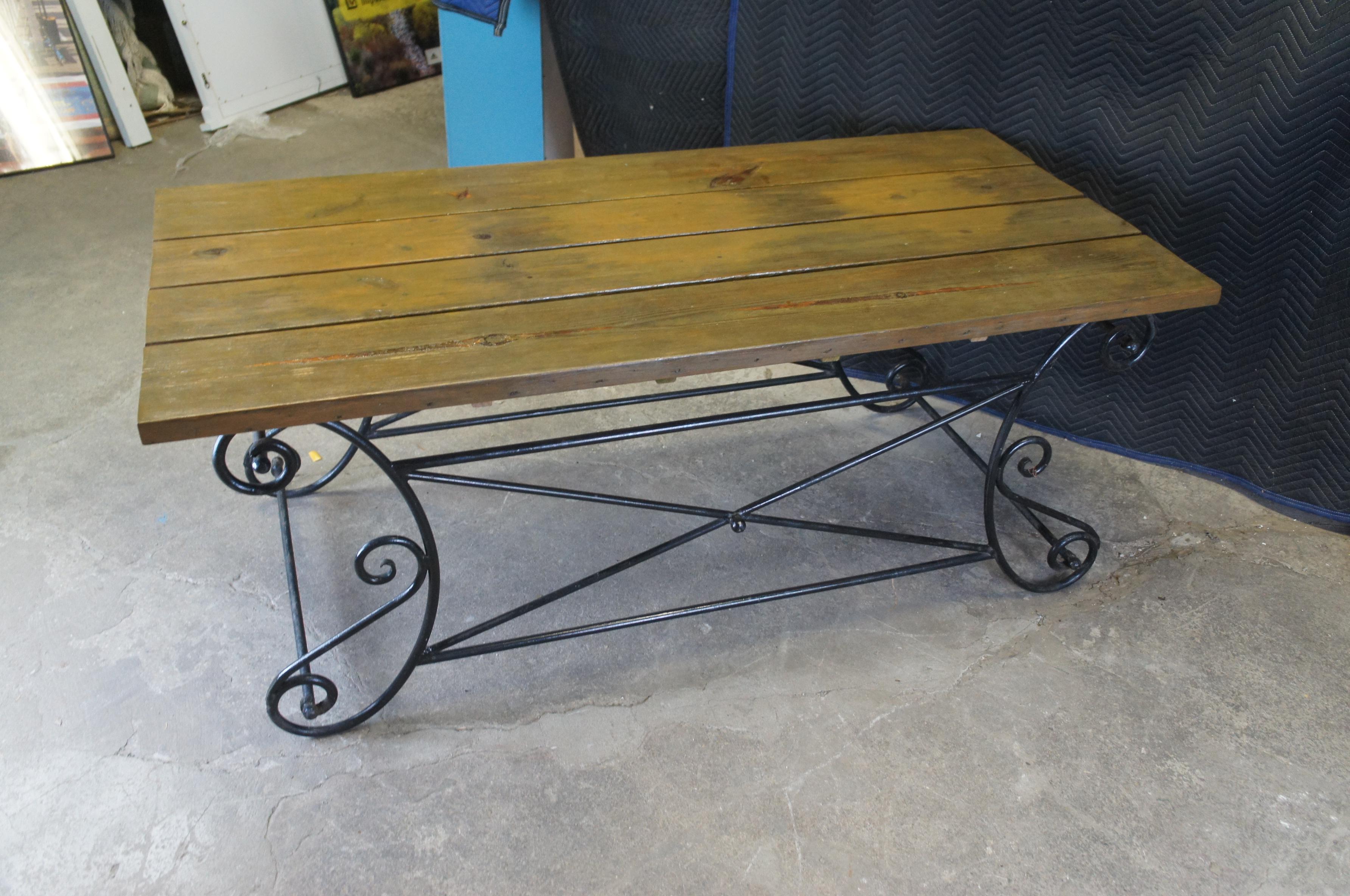 Vintage Neoclassical Directoire Scrolled Iron Outdoor Plank Top Dining Table 72