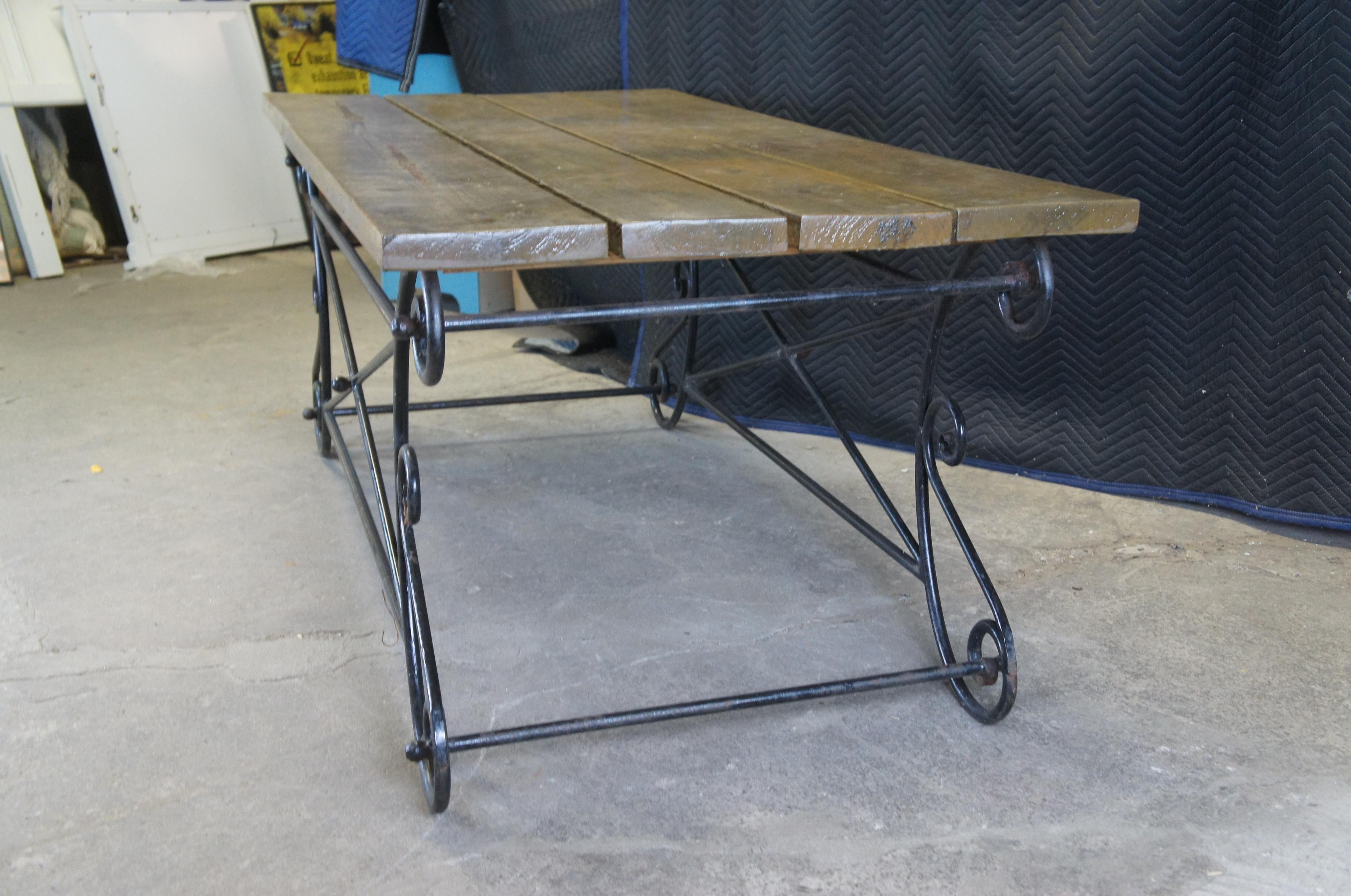 Vintage Neoclassical Directoire Scrolled Iron Outdoor Plank Top Dining Table 72