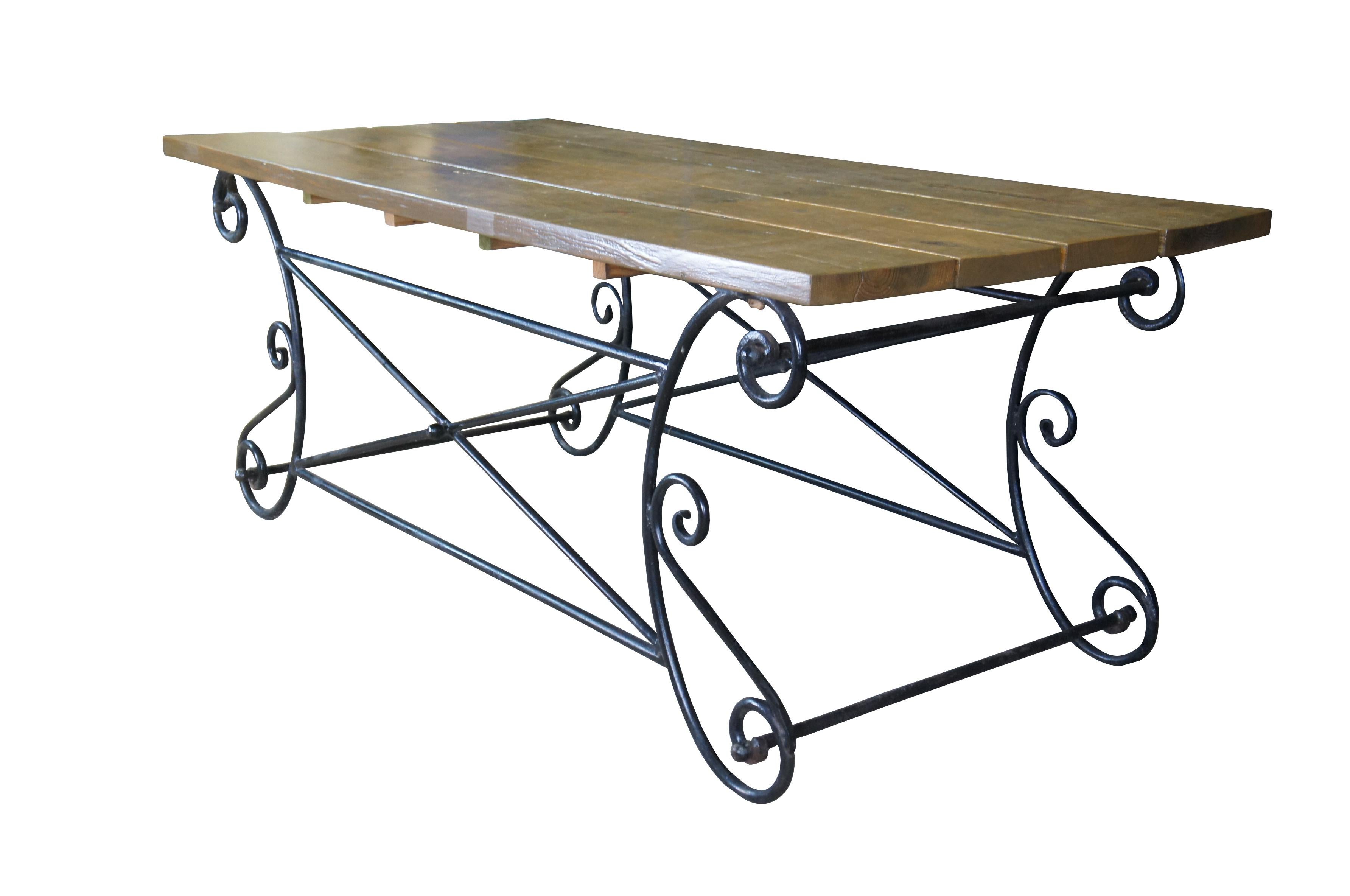 Vintage Neoclassical Directoire Scrolled Iron Outdoor Plank Top Dining Table 72