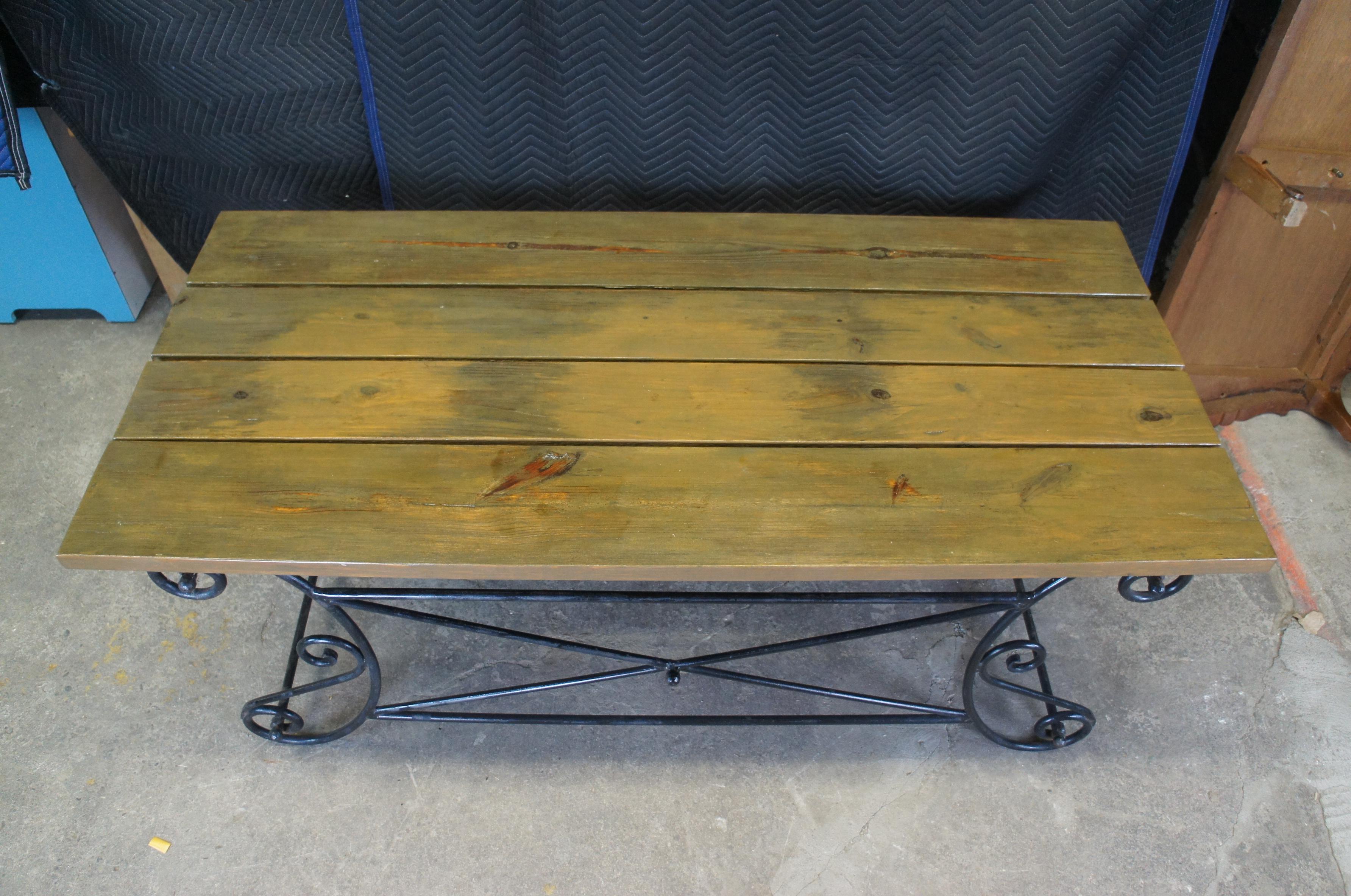 20th Century Vintage Neoclassical Directoire Scrolled Iron Outdoor Plank Top Dining Table 72