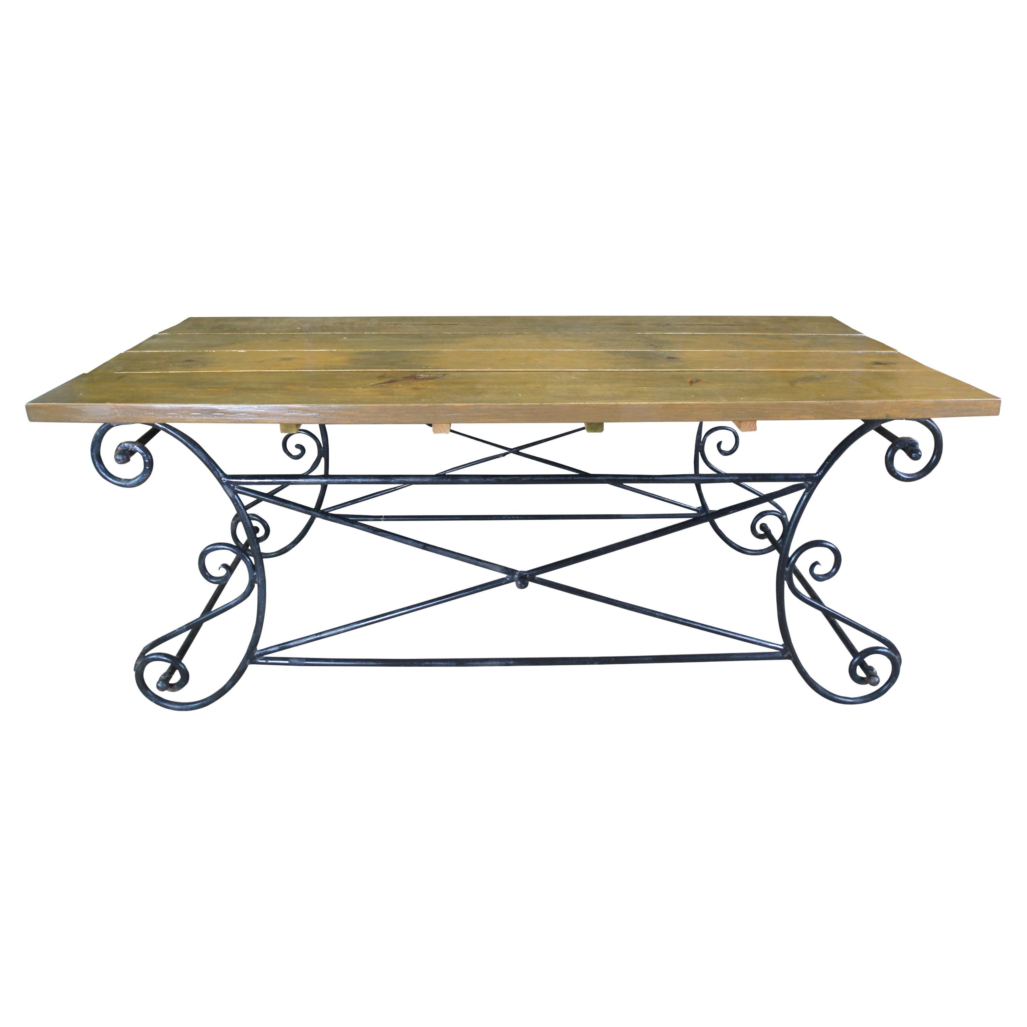 Vintage Neoclassical Directoire Scrolled Iron Outdoor Plank Top Dining Table 72" For Sale