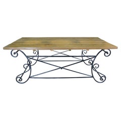 Vintage Neoclassical Directoire Scrolled Iron Outdoor Plank Top Dining Table 72"