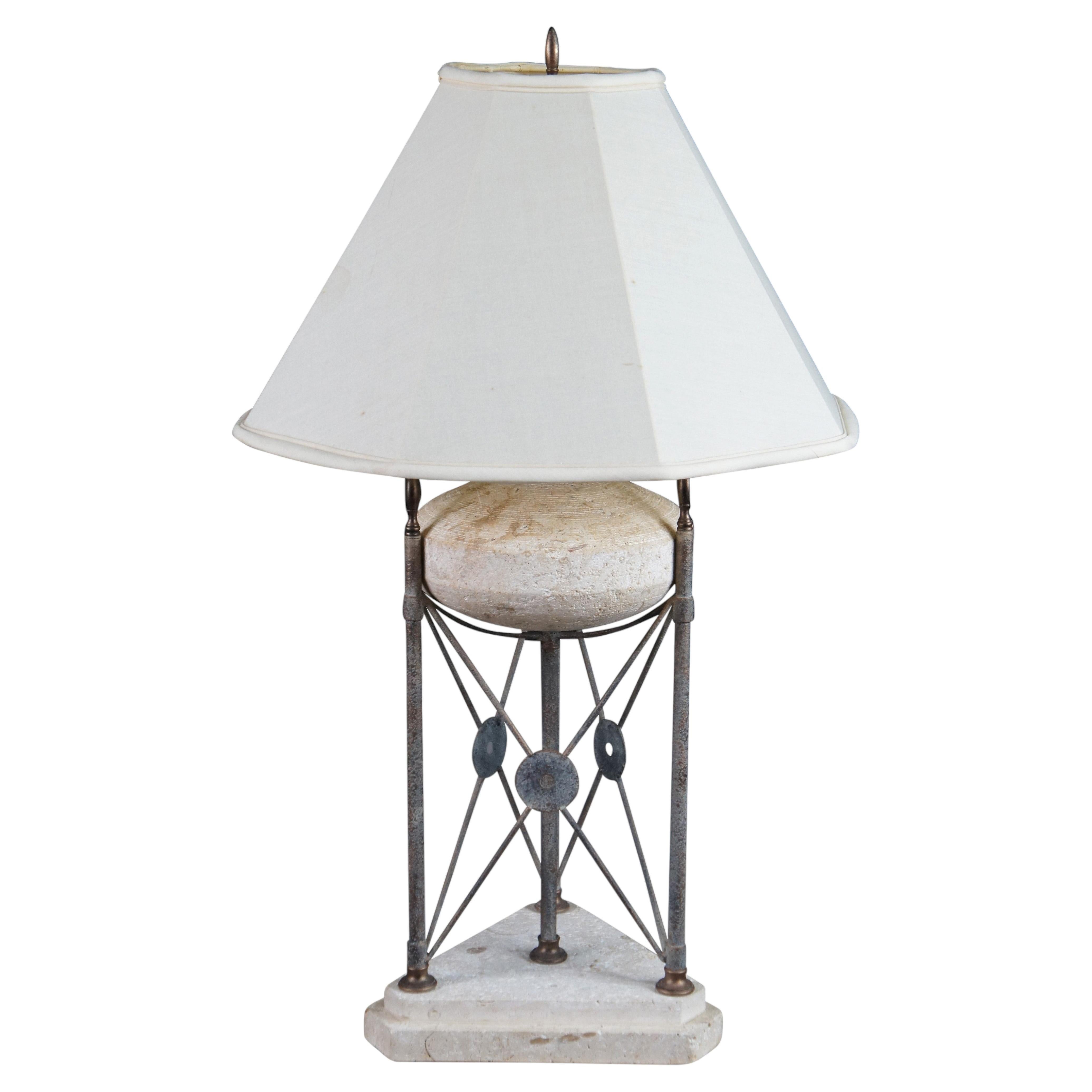 Vintage Neoclassical Directoire Style Travertine Stone & Iron Buffet Table Lamp For Sale
