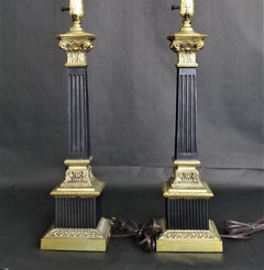 Vintage Neoclassical Fluted Corinthian Column Enamel & Brass Table Lamps, Pair