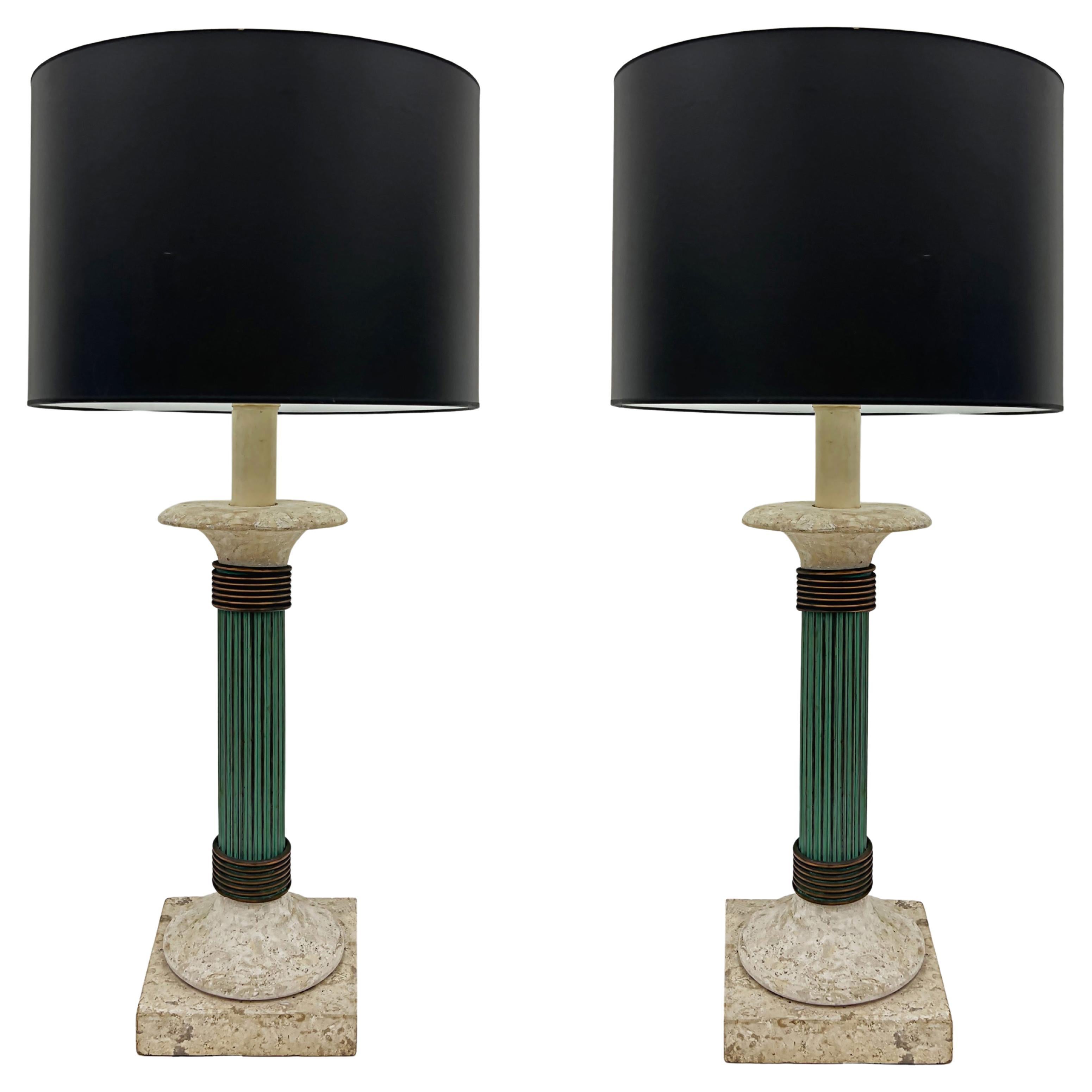 Vintage Neoclassical Form Stone with Verdigris Metal Lamps-Pair