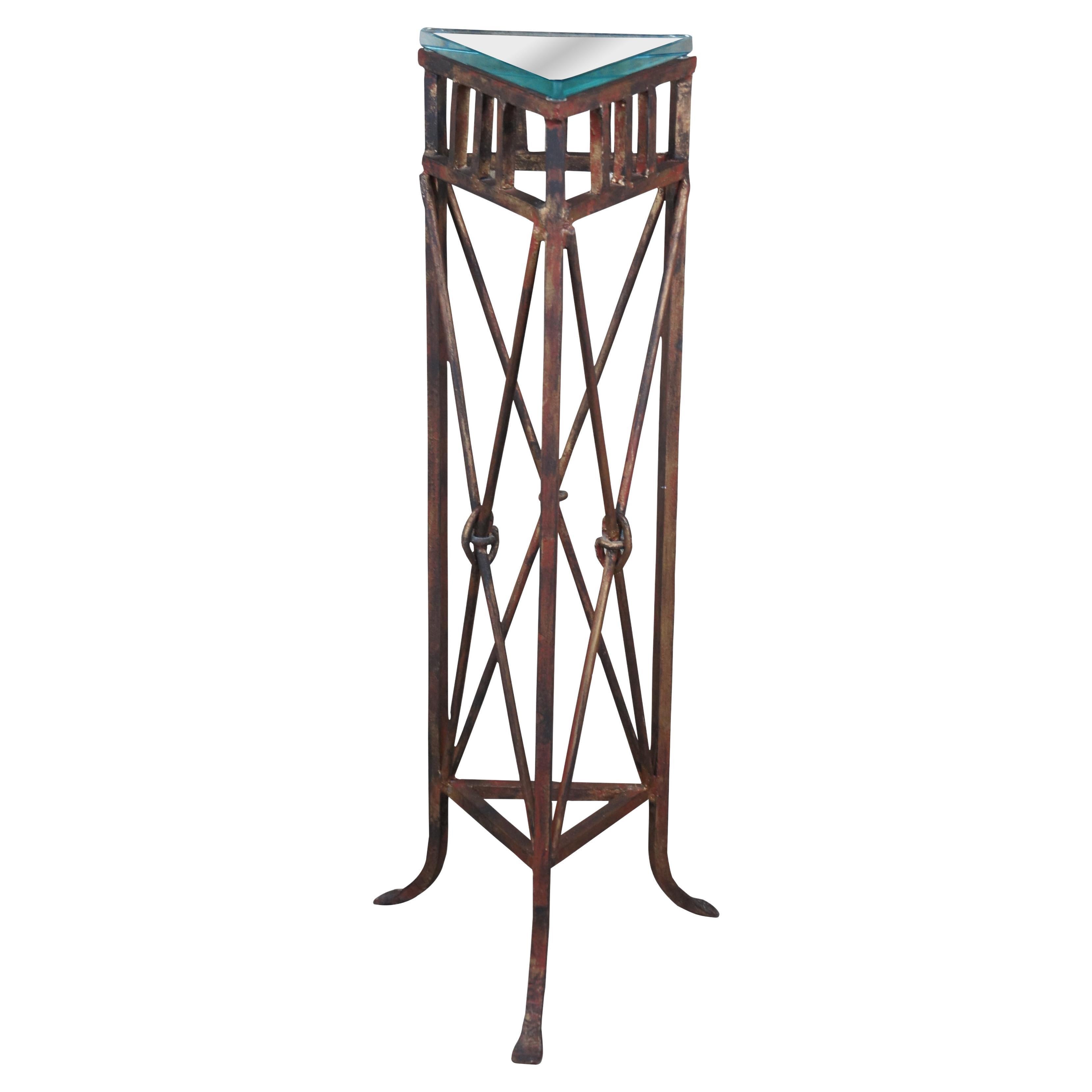 Vintage Neoclassical French Empire Iron Sculpture Pedestal Plant Stand Glass Top For Sale