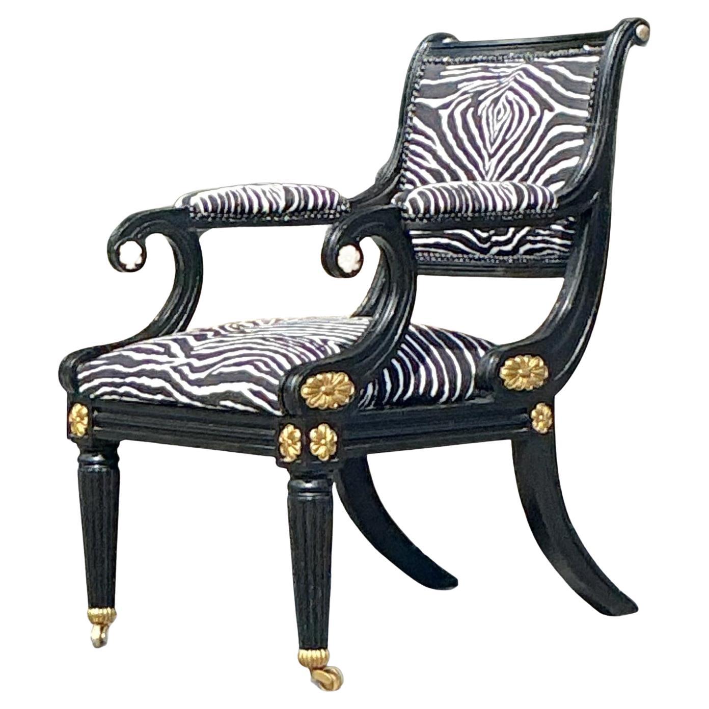 Vintage Neoclassical Gilt Tipped Scroll Back Chair