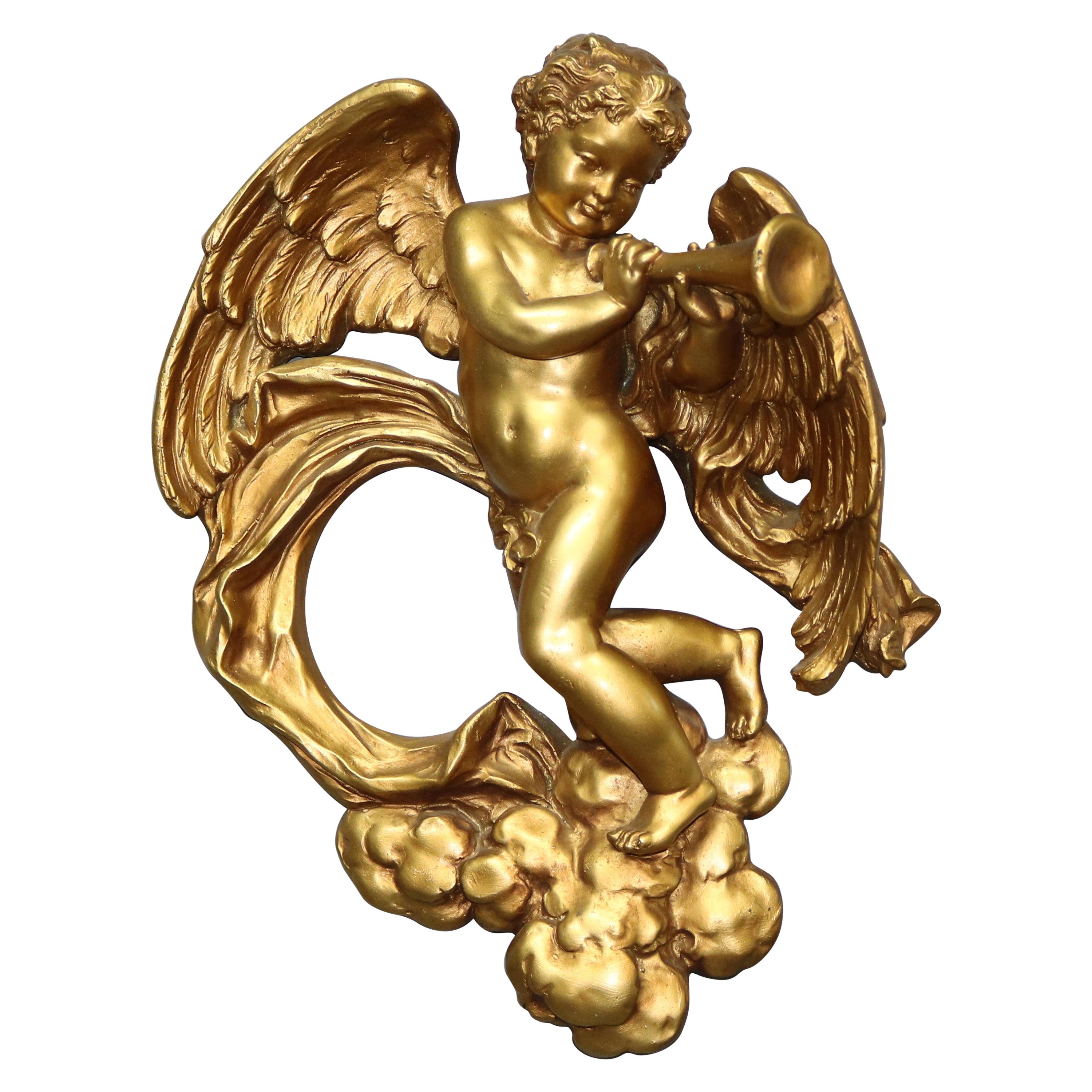 Vintage Neoclassical Gold Gilt Plaster Cherub Wall Sculpture, 20th Century