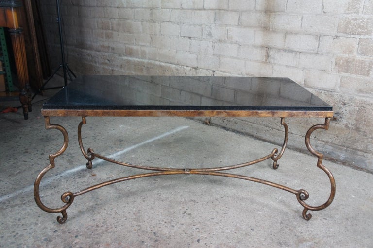 Vintage Neoclassical Granite & Scrolled Iron Rectangular Coffee Cocktail Table For Sale 8