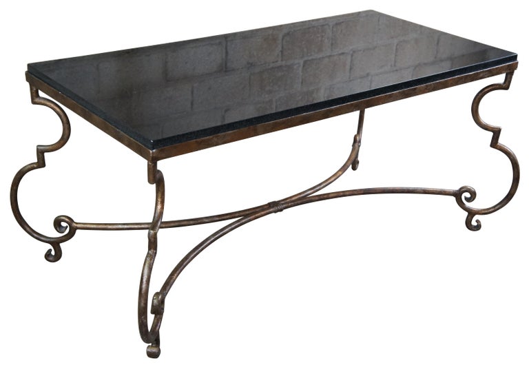 Vintage Neoclassical Granite & Scrolled Iron Rectangular Coffee Cocktail Table In Good Condition For Sale In Dayton, OH