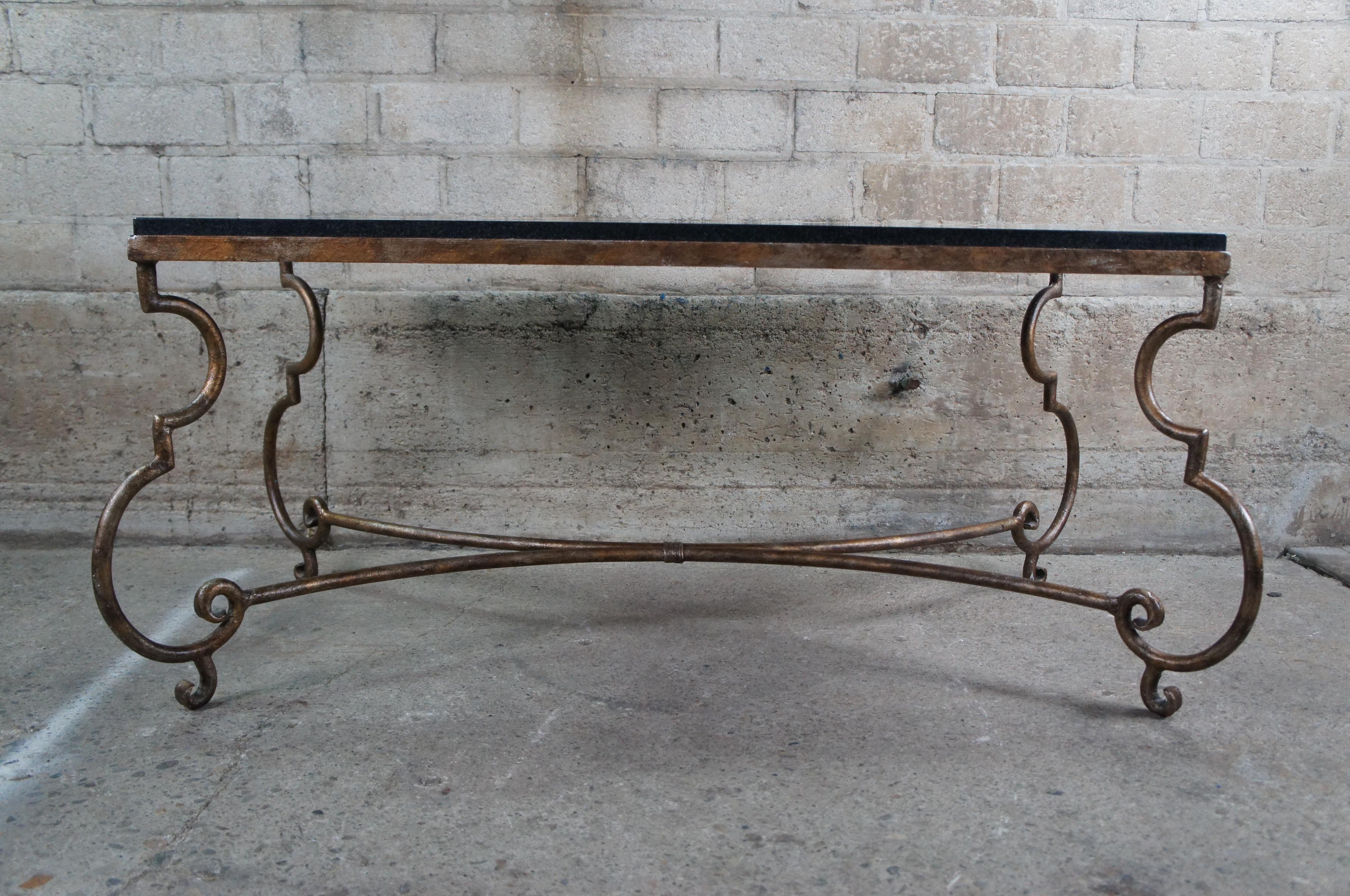 20th Century Vintage Neoclassical Granite & Scrolled Iron Rectangular Coffee Cocktail Table