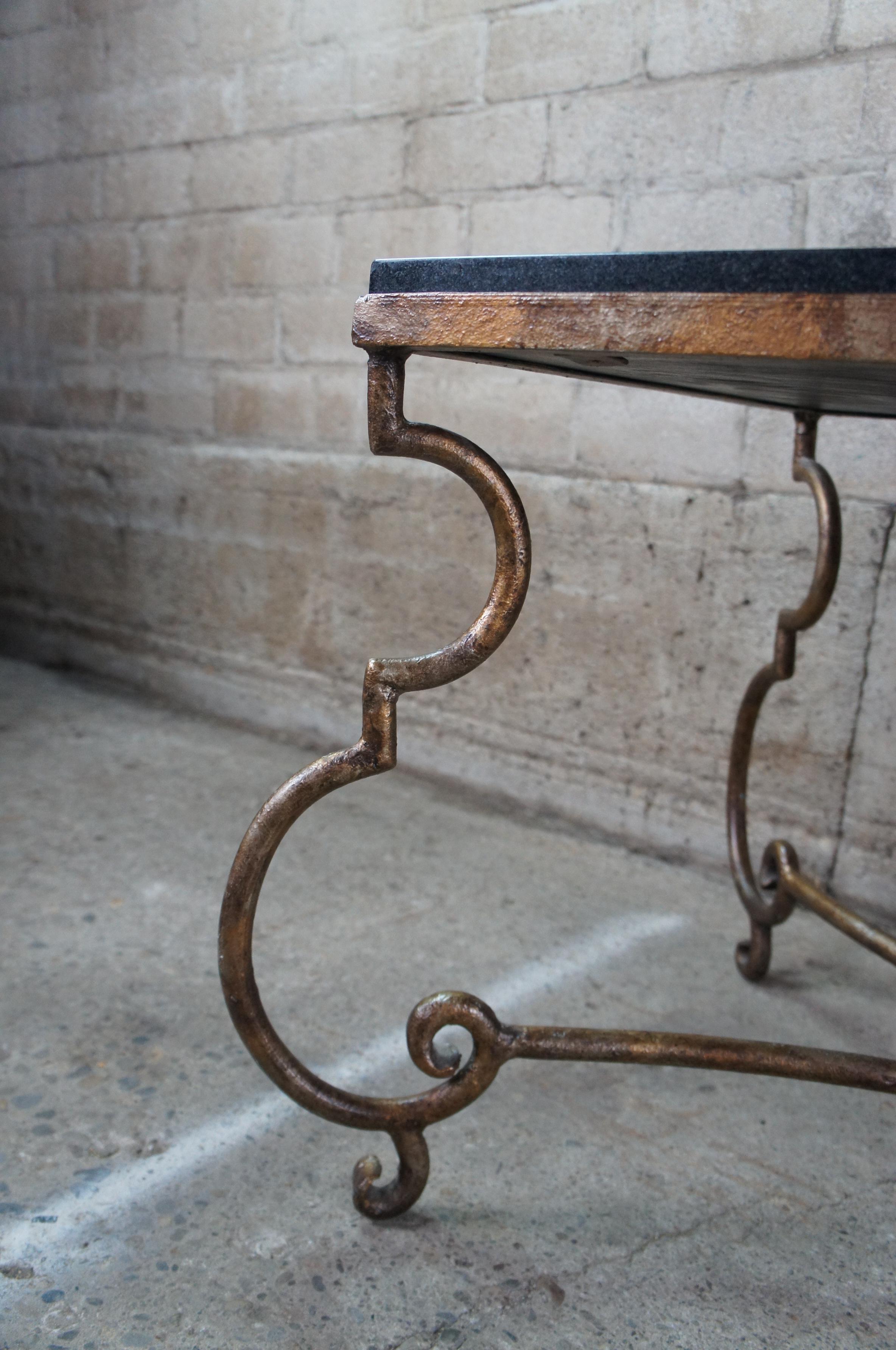 Vintage Neoclassical Granite & Scrolled Iron Rectangular Coffee Cocktail Table 1