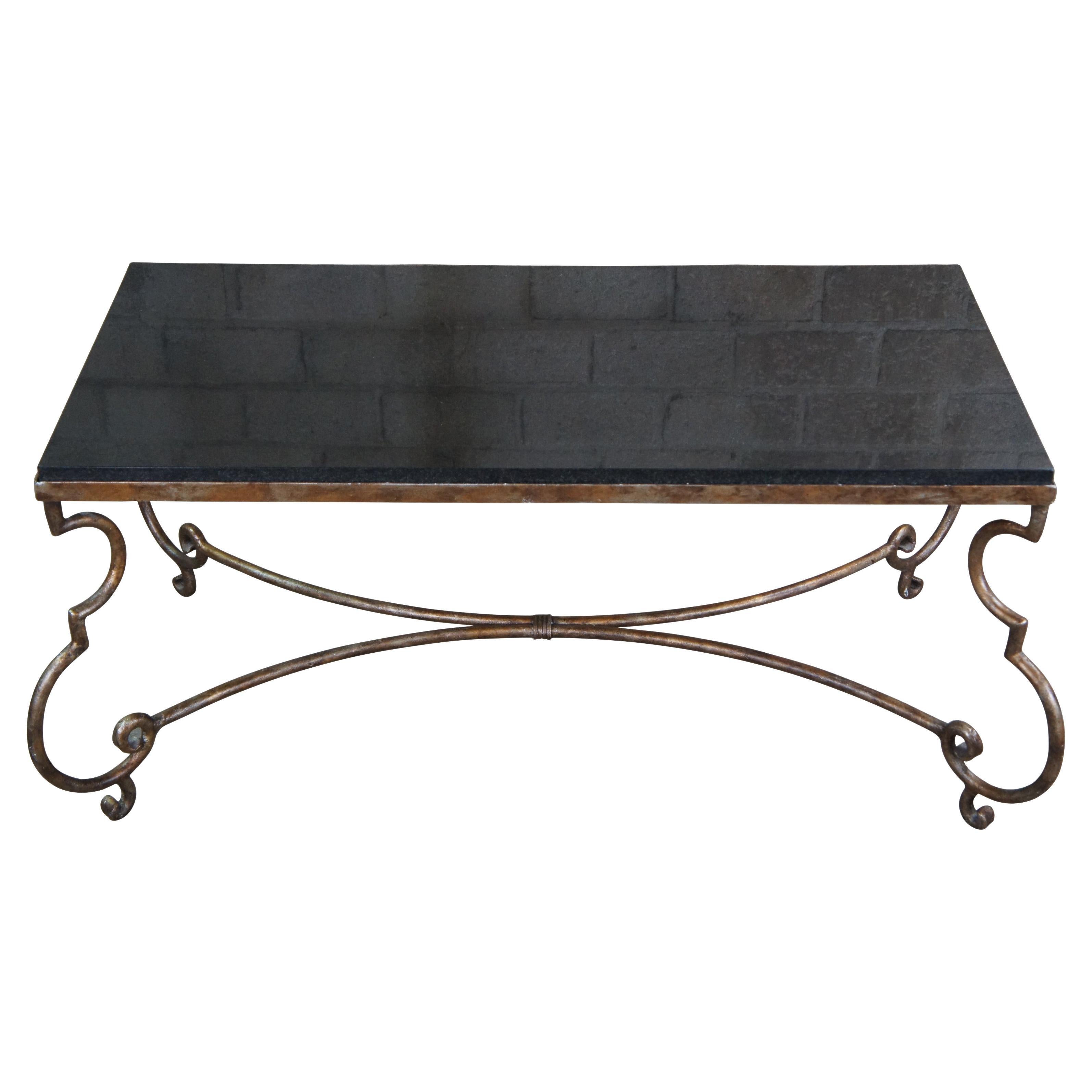 Vintage Neoclassical Granite & Scrolled Iron Rectangular Coffee Cocktail Table