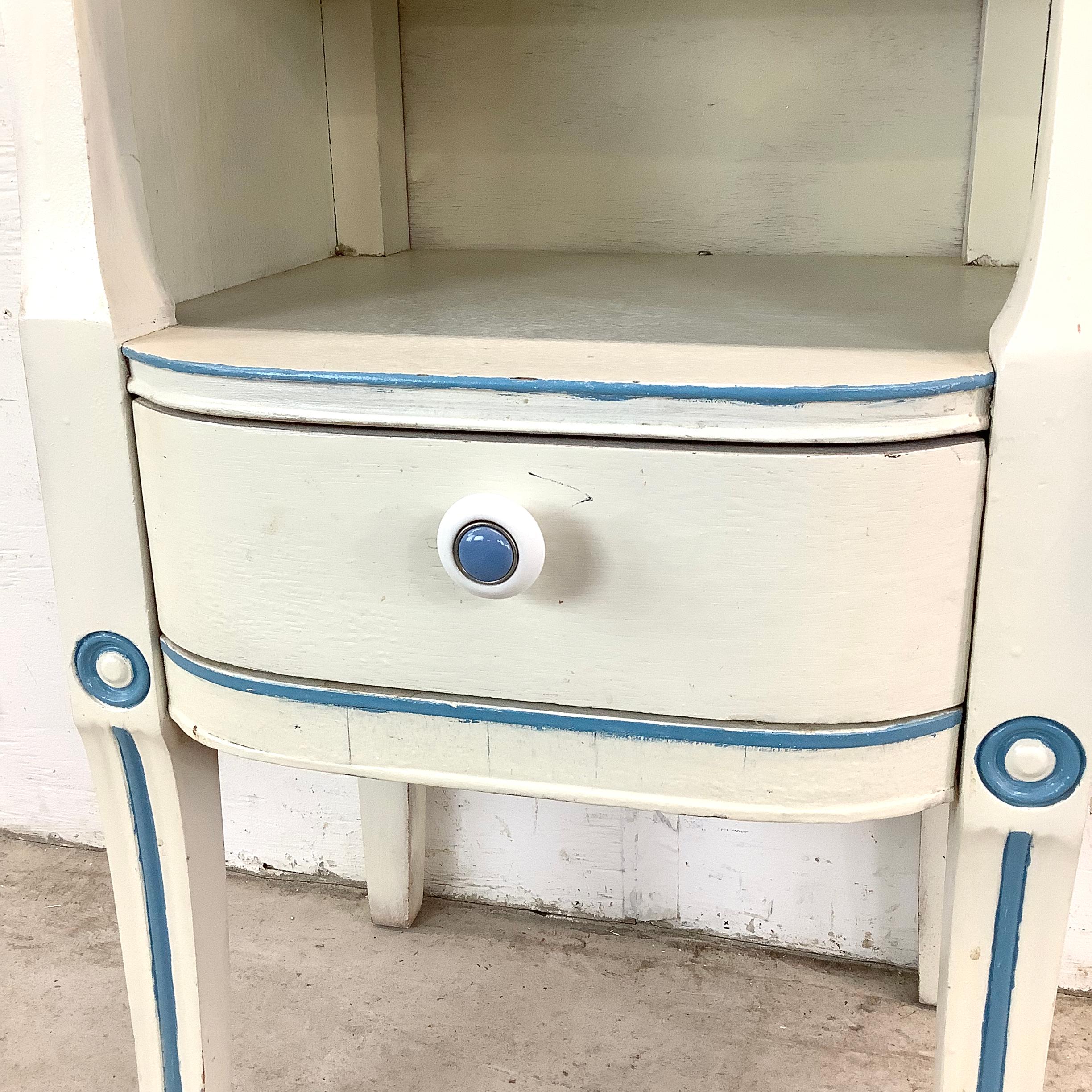 Vintage Neoclassical/Gustavian Style Nightstand in Distressed White & Blue For Sale 5