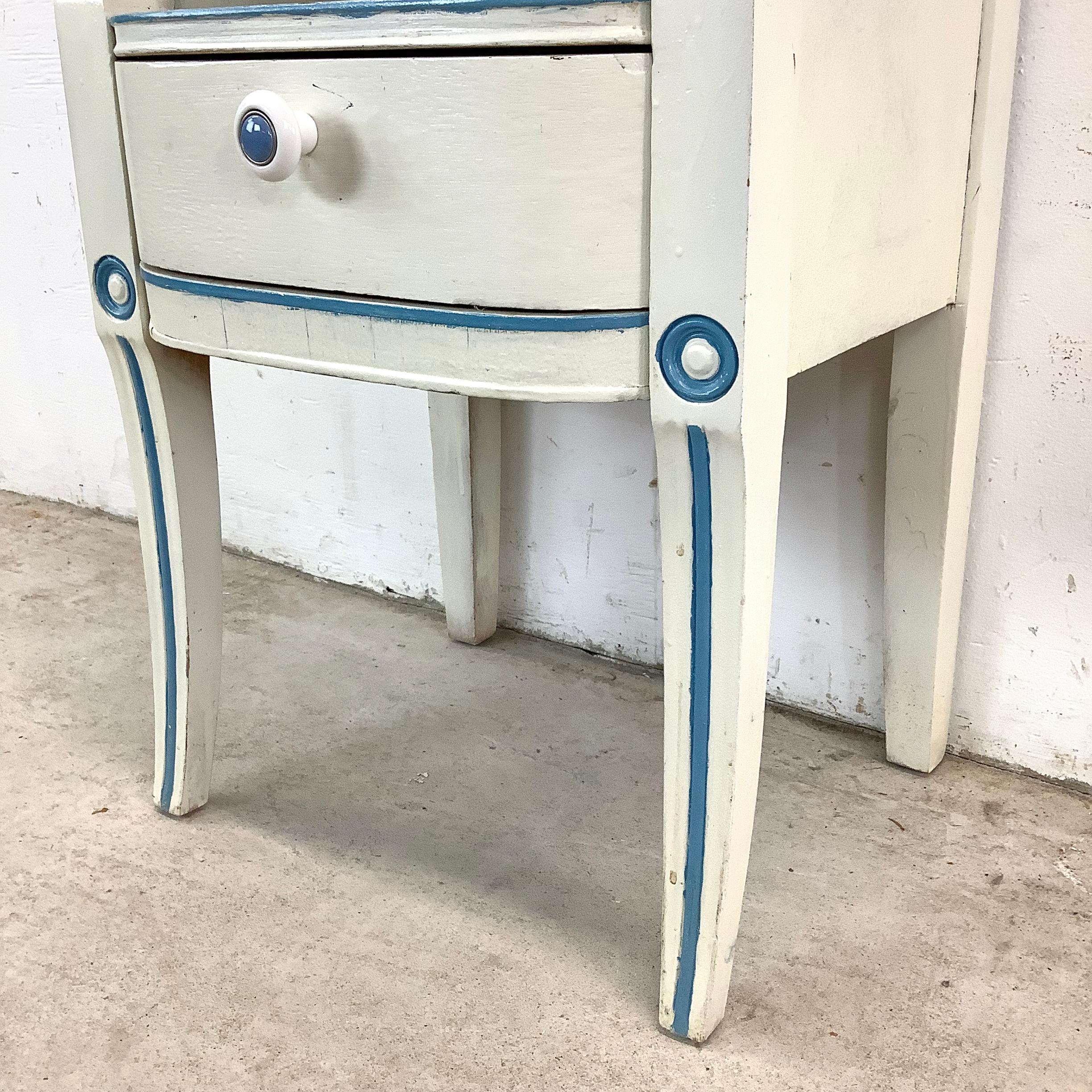 Vintage Neoclassical/Gustavian Style Nightstand in Distressed White & Blue For Sale 6