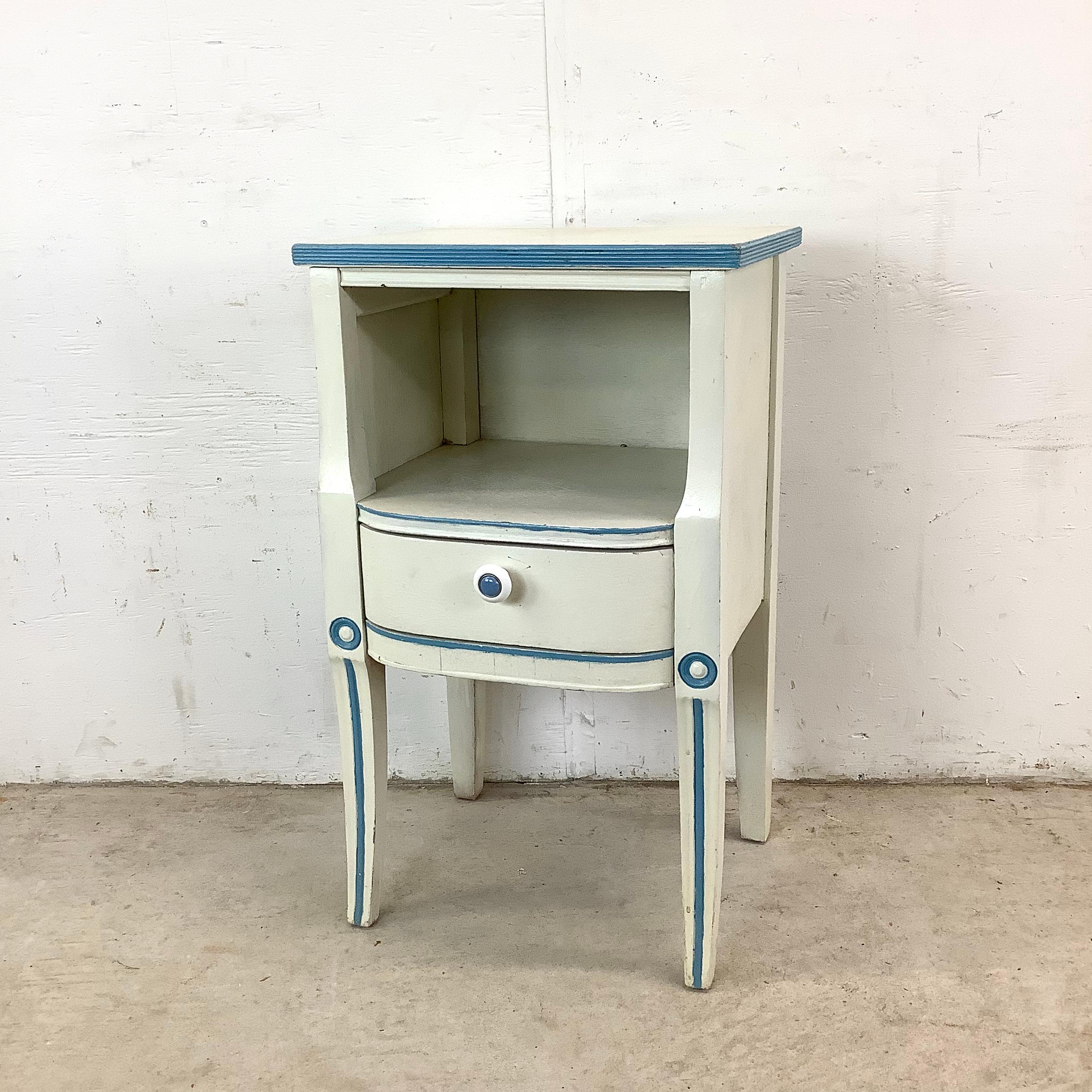Vintage Neoclassical/Gustavian Style Nightstand in Distressed White & Blue For Sale 10