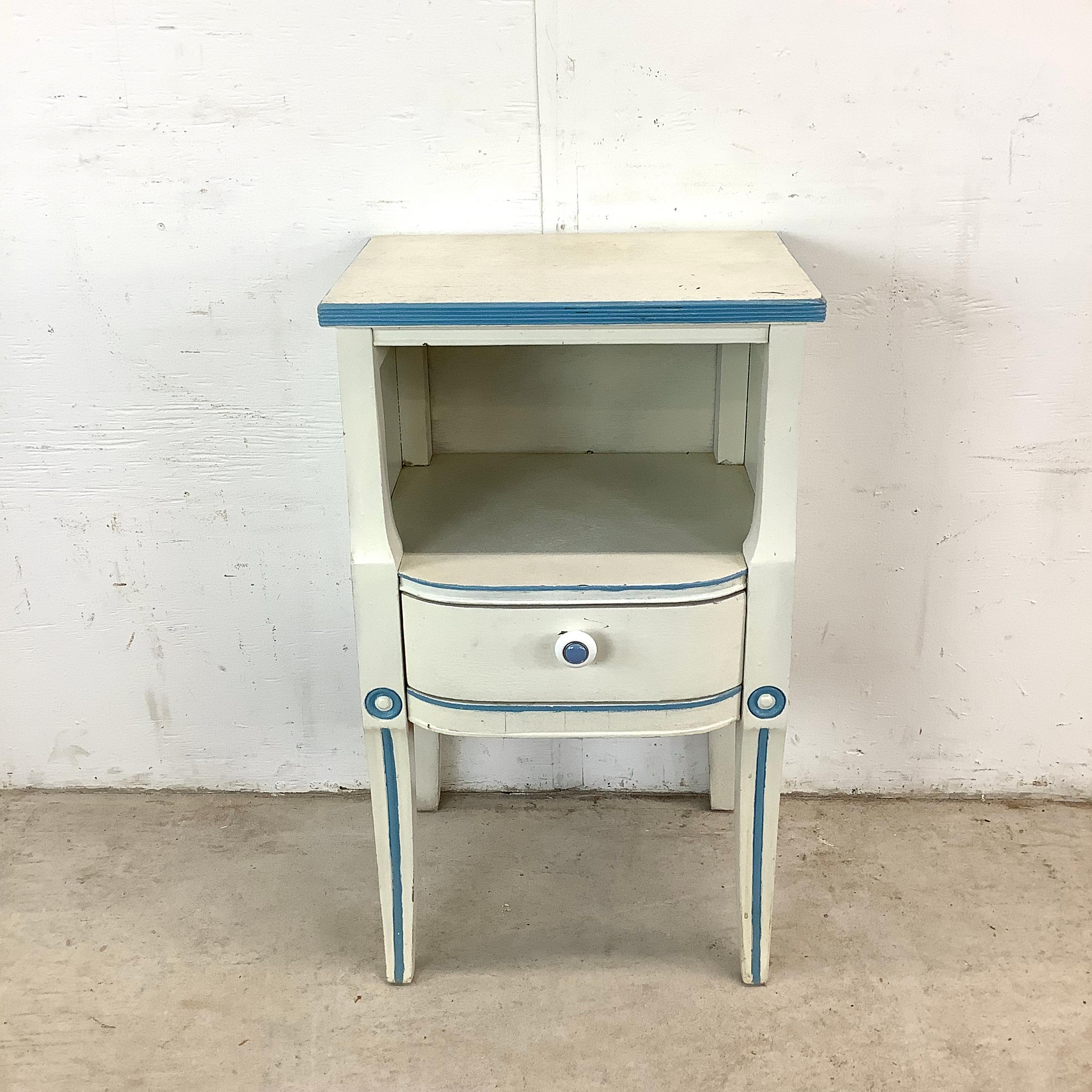 Unknown Vintage Neoclassical/Gustavian Style Nightstand in Distressed White & Blue For Sale