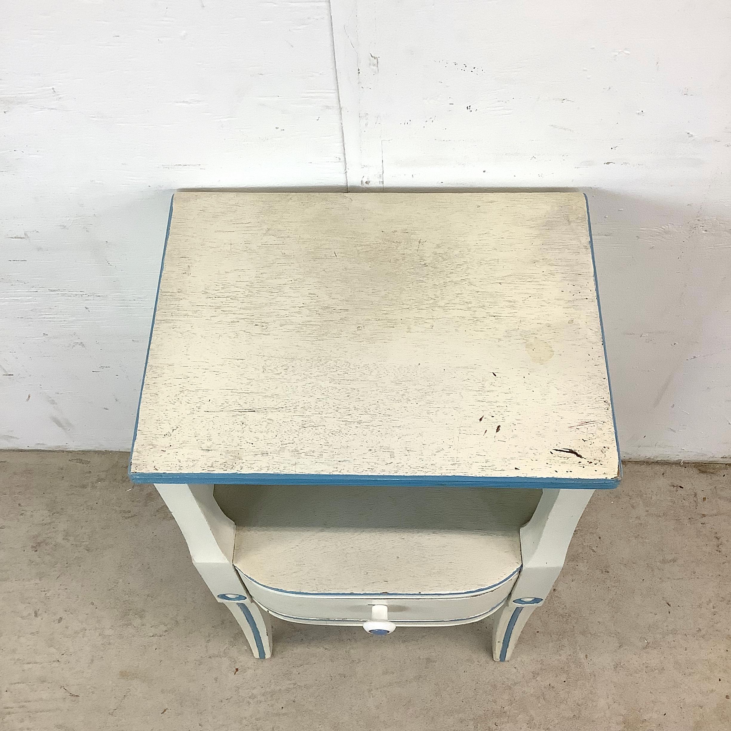 Other Vintage Neoclassical/Gustavian Style Nightstand in Distressed White & Blue For Sale