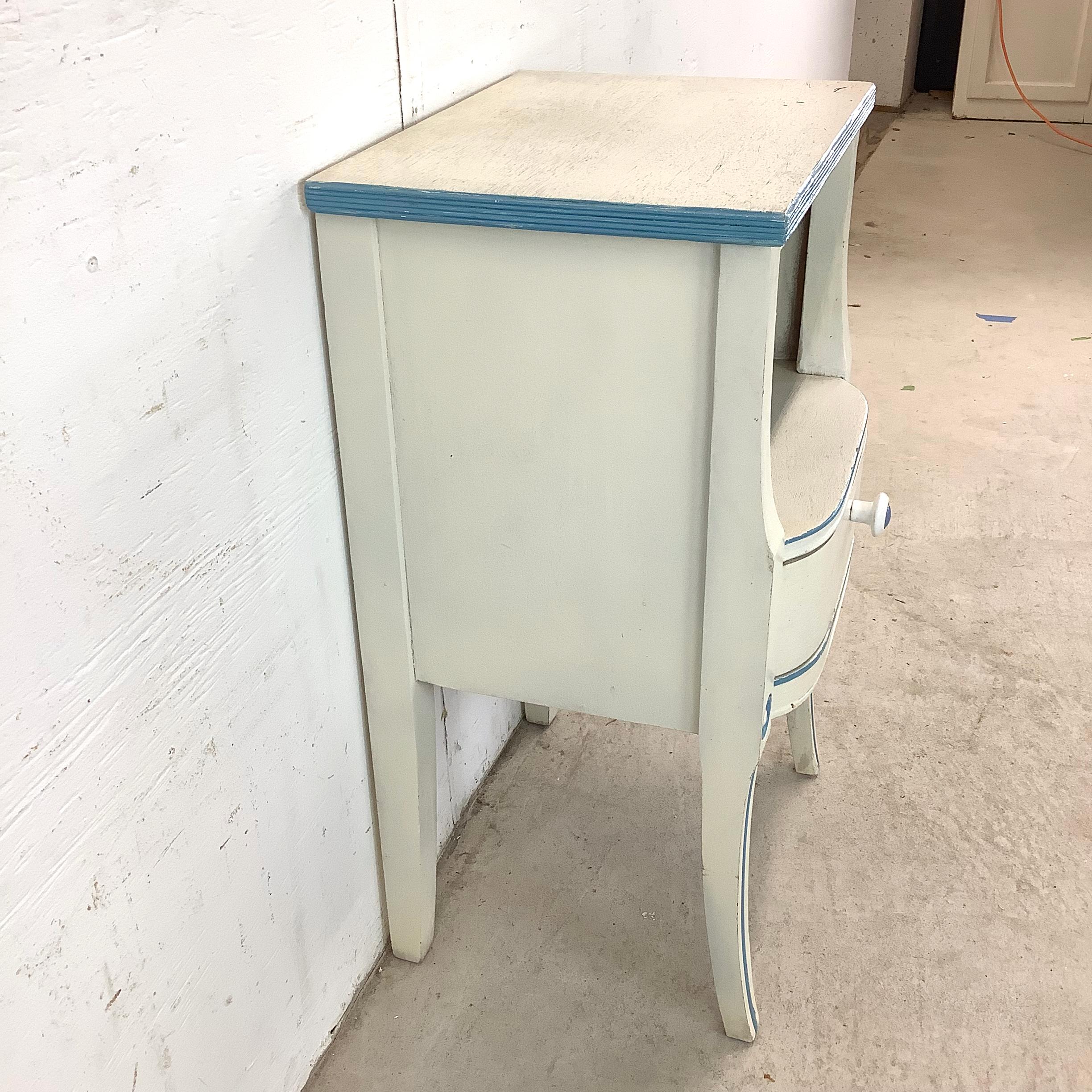 Vintage Neoclassical/Gustavian Style Nightstand in Distressed White & Blue In Fair Condition For Sale In Trenton, NJ