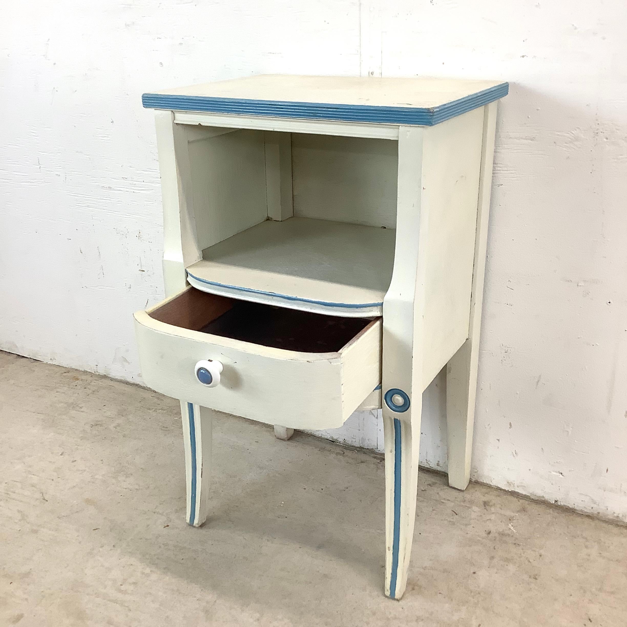 20th Century Vintage Neoclassical/Gustavian Style Nightstand in Distressed White & Blue For Sale