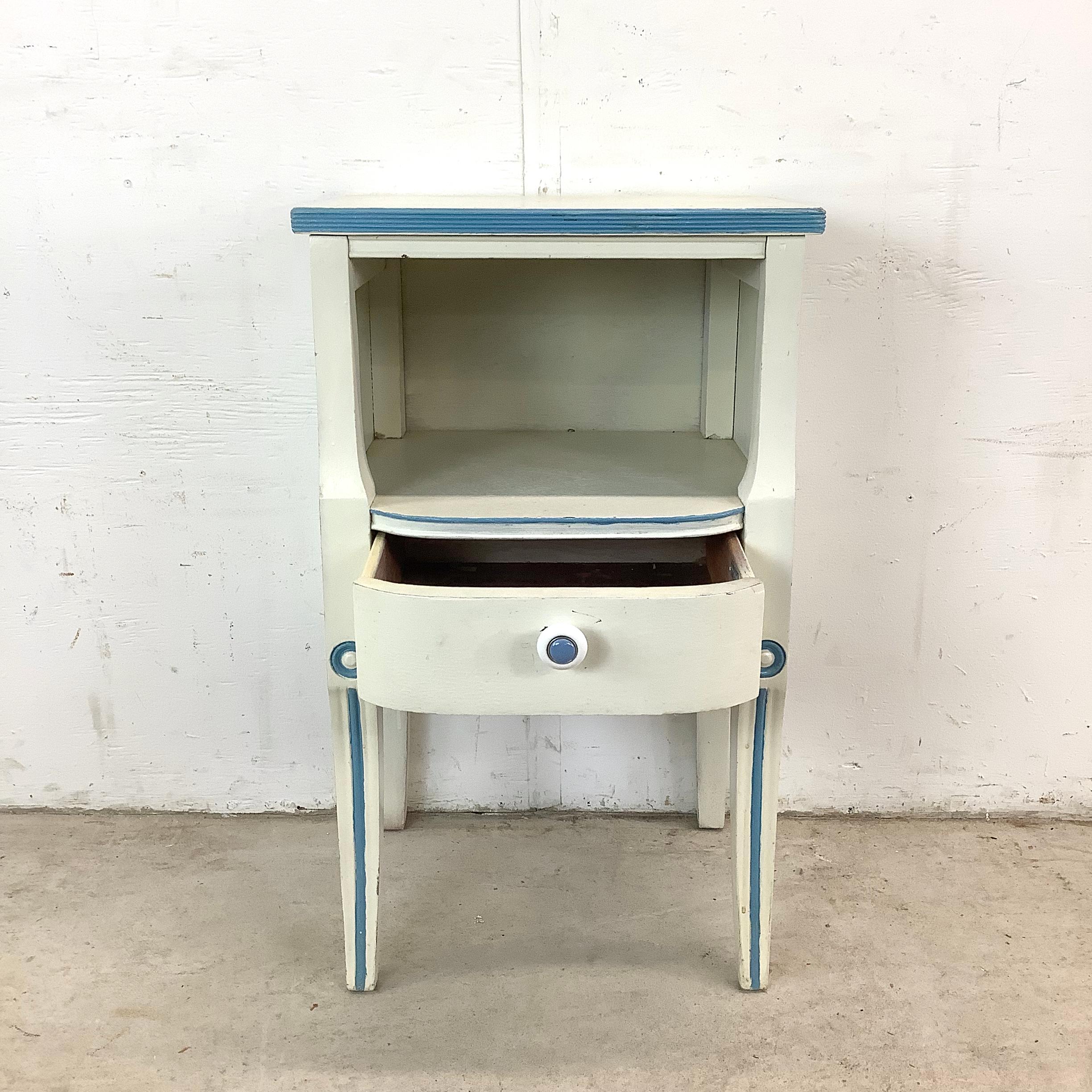 Vintage Neoclassical/Gustavian Style Nightstand in Distressed White & Blue For Sale 2