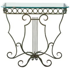 Vintage Neoclassical Harpe Front Wrought Iron and Glass Side Entry Console Table